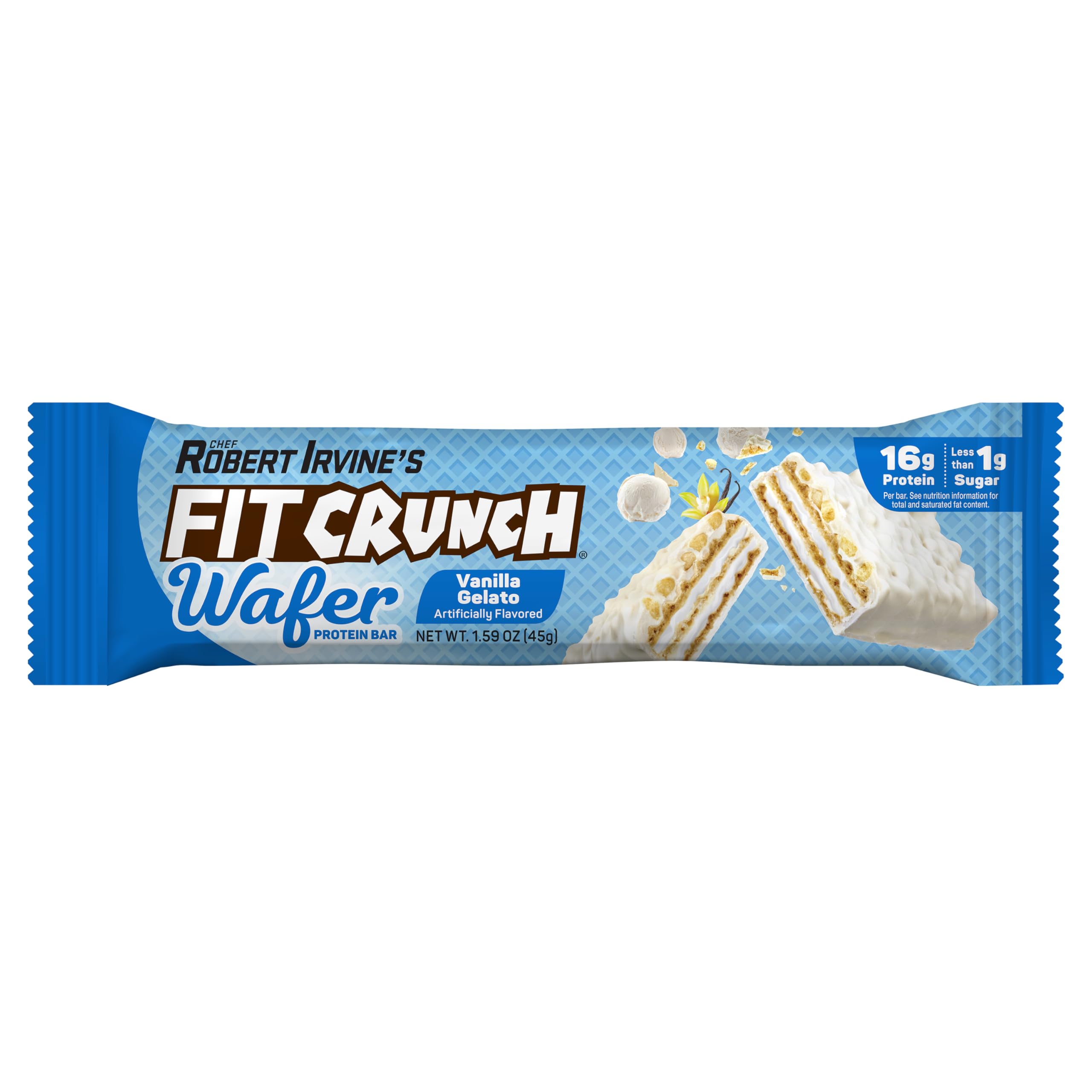 Intérieur d'une barre FITCRUNCH Vanille Gelato révélant le cœur protéiné.