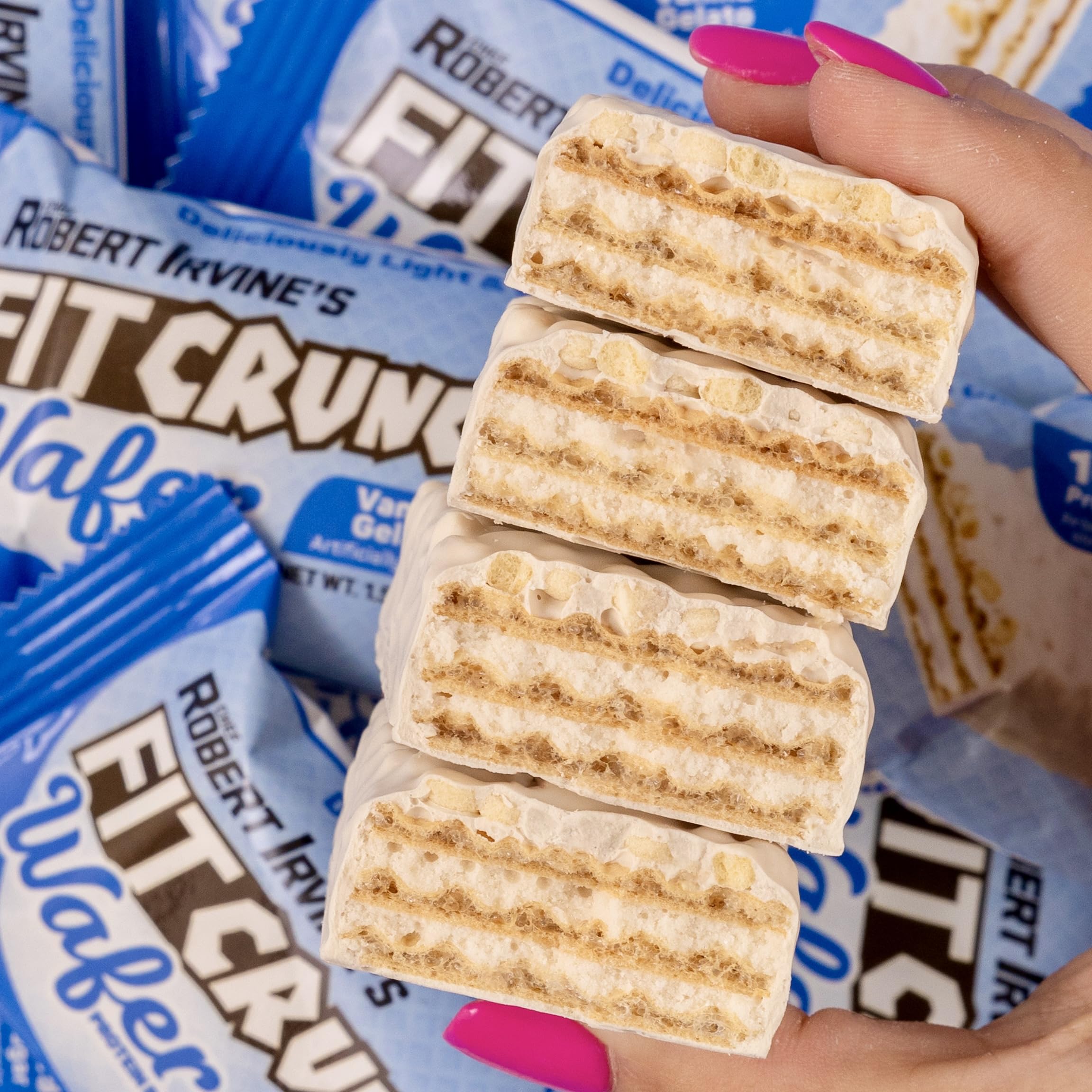 Barres FITCRUNCH Vanille Gelato faciles à emporter dans un sac.