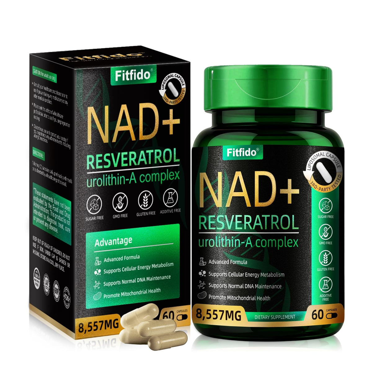 Fitfido bouteille NAD+ Resvératrol – absorption avancée grâce au liposome.