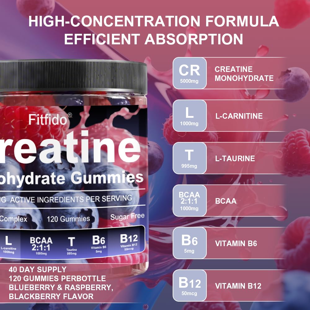 Gomme Framboise-Mure Fitfido Creatine 8000mg, texture rouge appétissante.