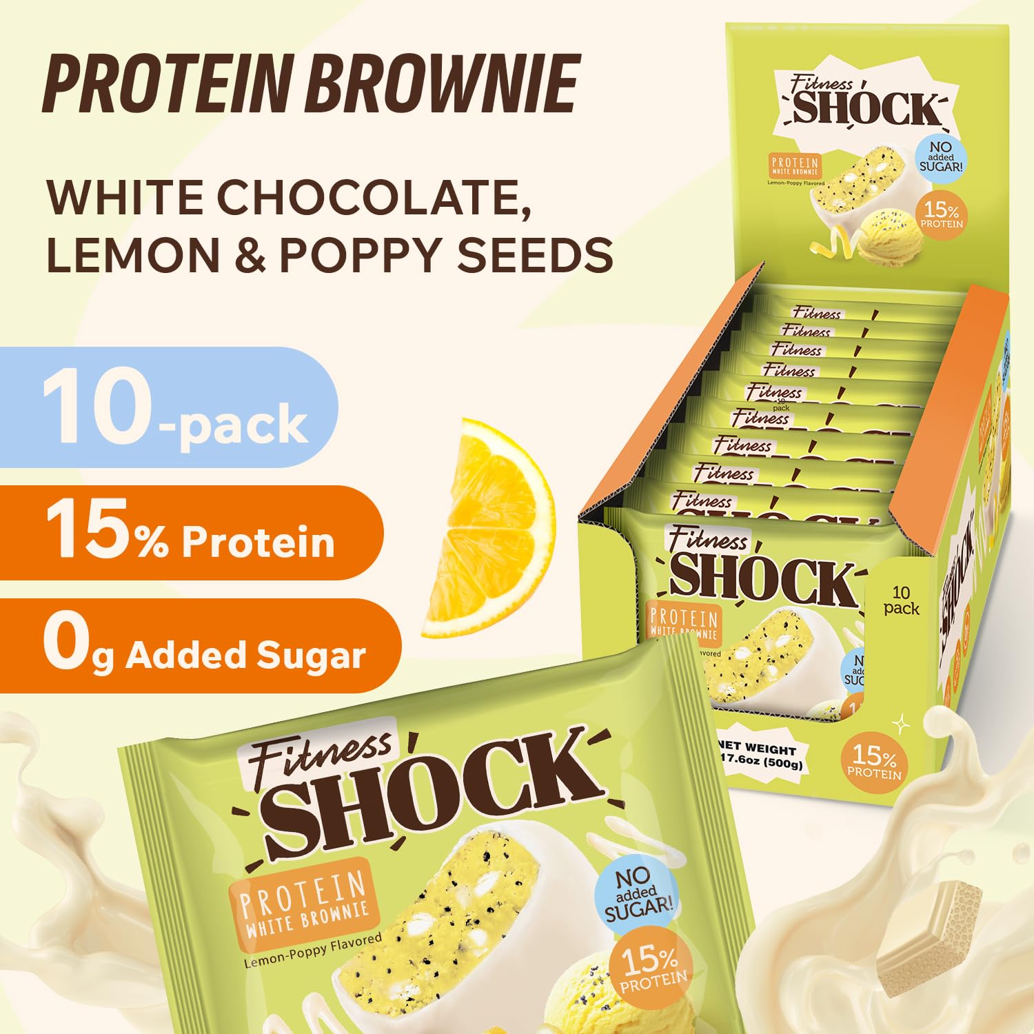 Arômes citron et pavot avec chocolat blanc sur les barres FitnesSHOCK, notes frais et délicates.