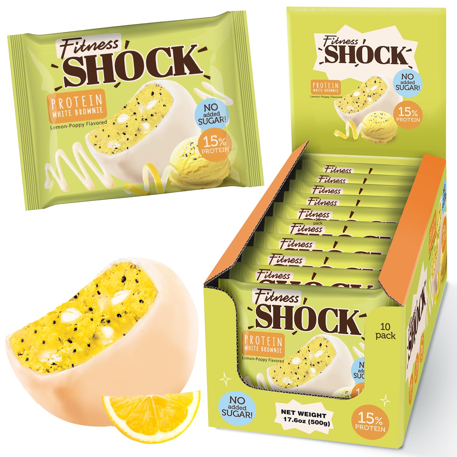 Barres protéinées FitnesSHOCK chocolat blanc citron pavot, parfaite pause gourmande légère.