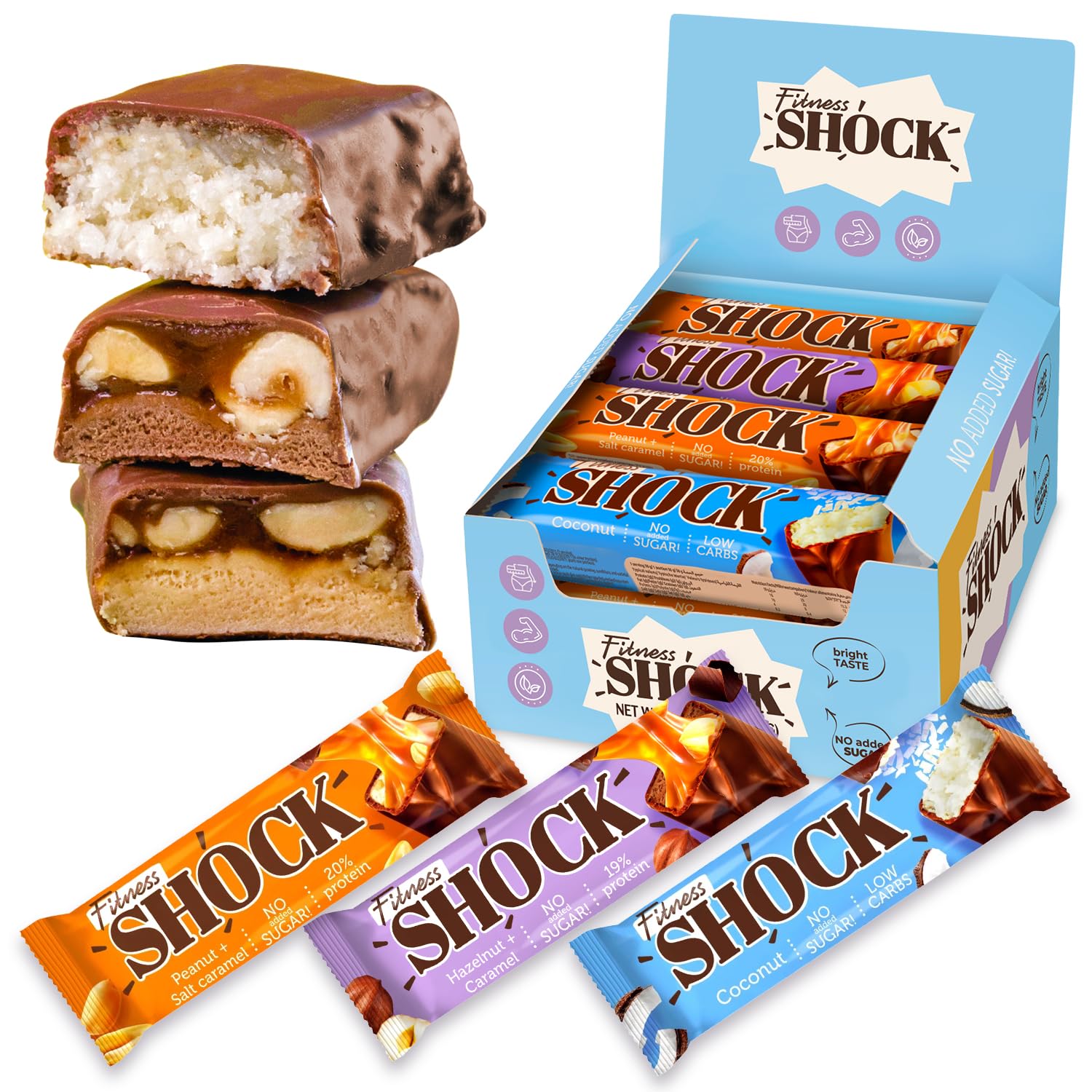 Barre protéinée FitnesSHOCK cacahuète caramel salé, snack pratique et rassasiant.