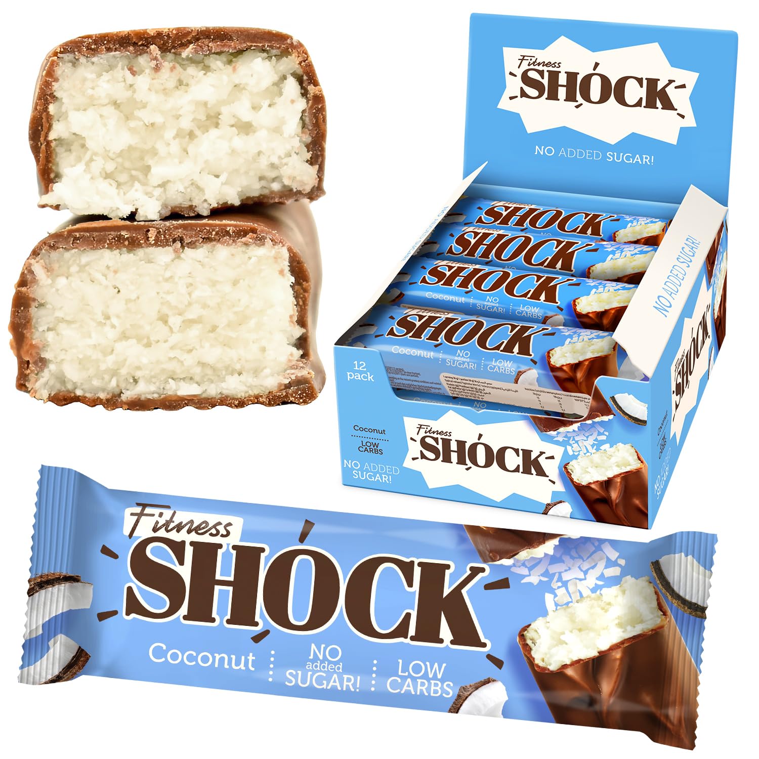 Barre FitnesSHOCK coco au chocolat enrobage, douceur sans sucre ajouté.