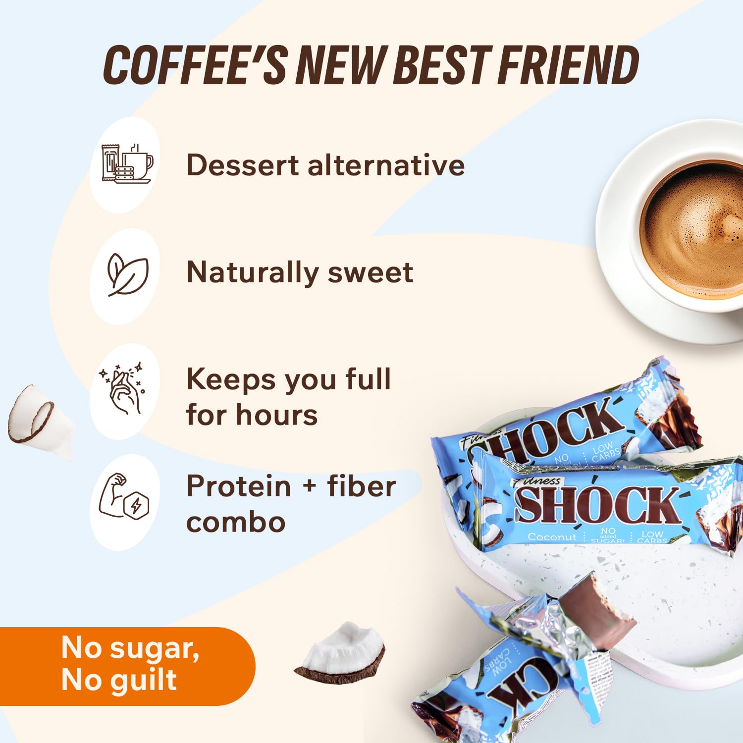 Barre FitnesSHOCK coco, ingrédients simples pour une collation légère.