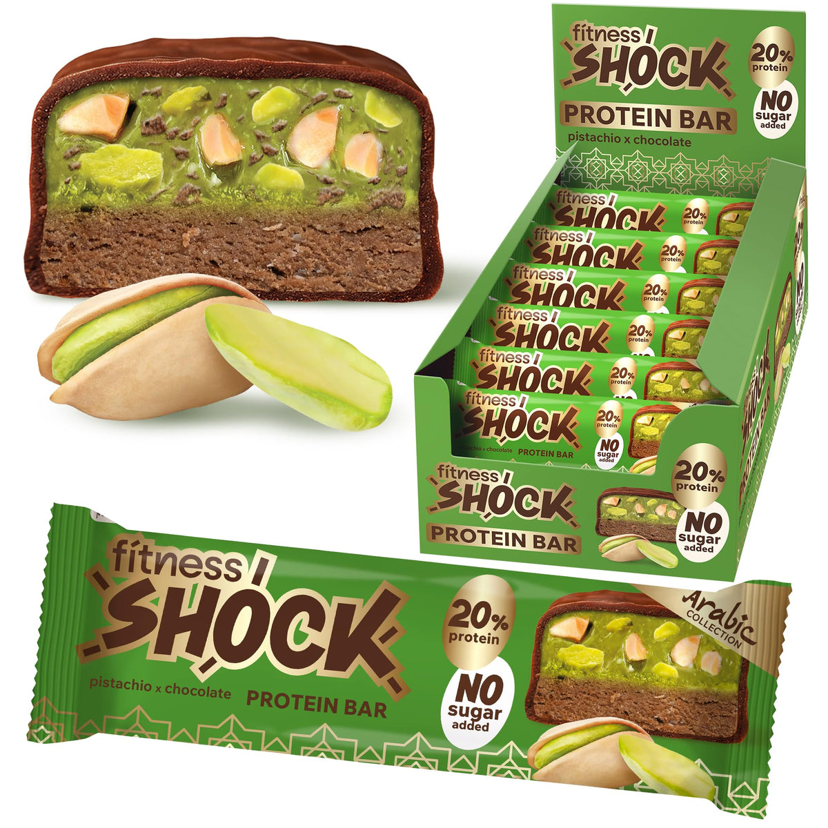 Barre protéinée FitnesSHOCK pistache chocolat noir, collation gourmande et rassasiante.