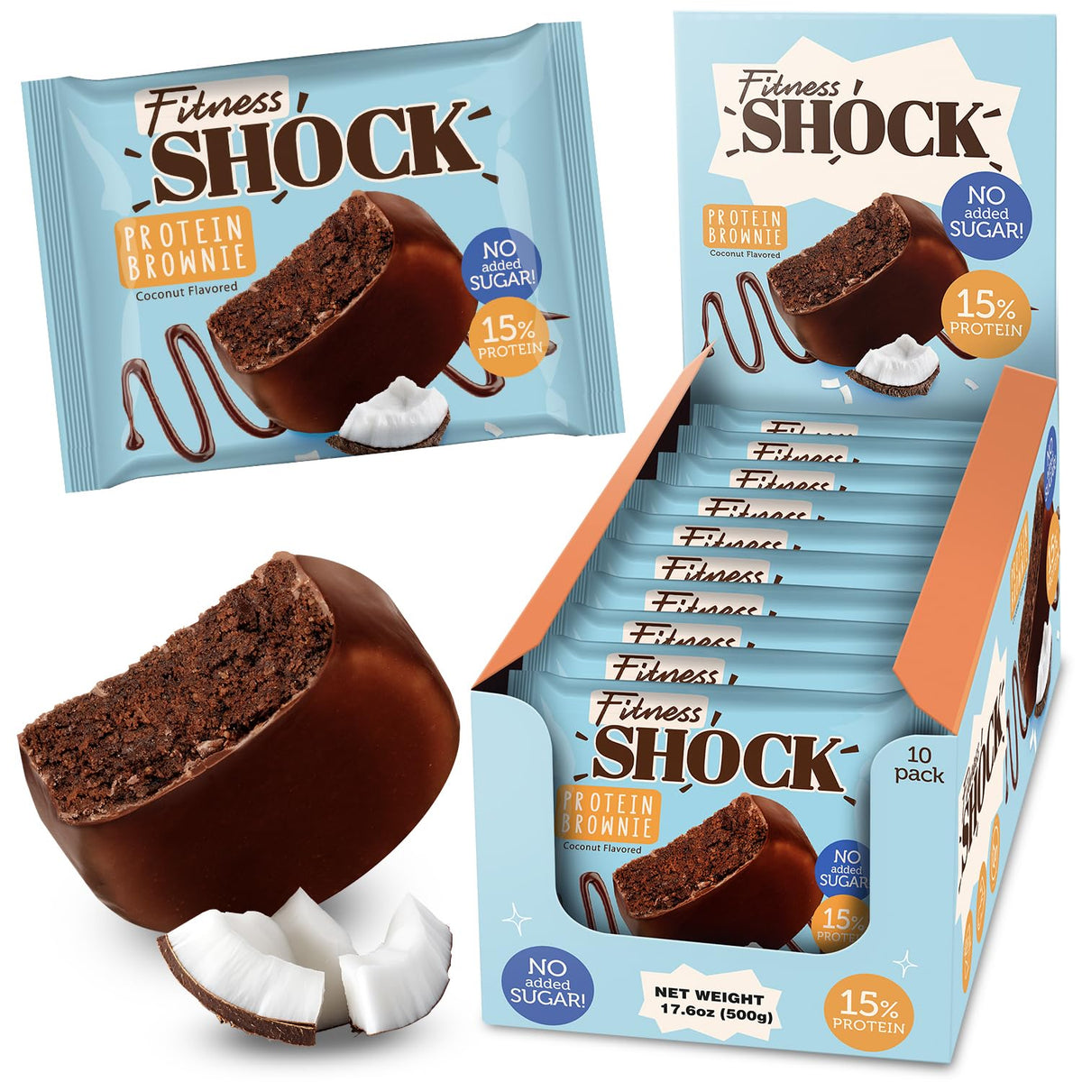 Brownies protéinés FitnesSHOCK dans un emballage pratique, idéal à emporter.