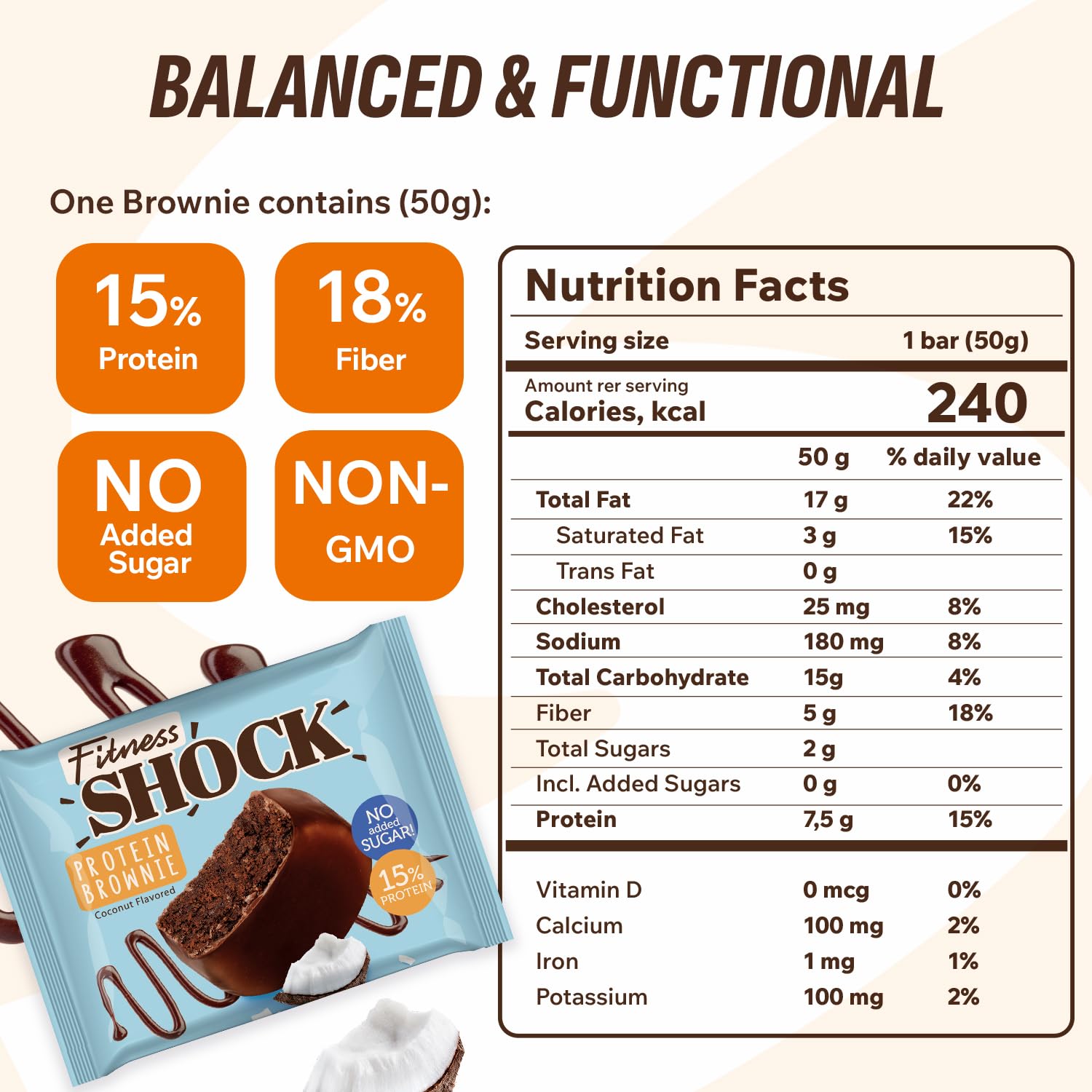 Texture moelleuse et gourmande du brownie protéiné FitnesSHOCK.