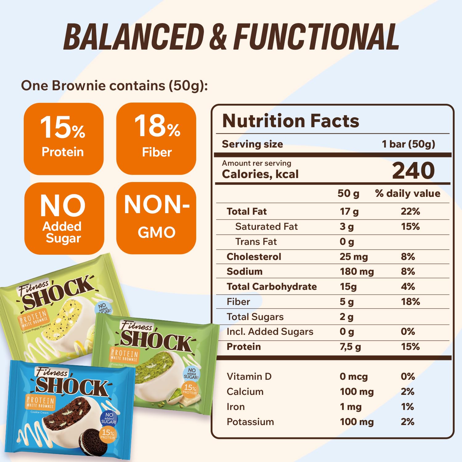 FitnesSHOCK brownie cookie cream enrobé chocolat blanc, douceur onctueuse et équilibrée.