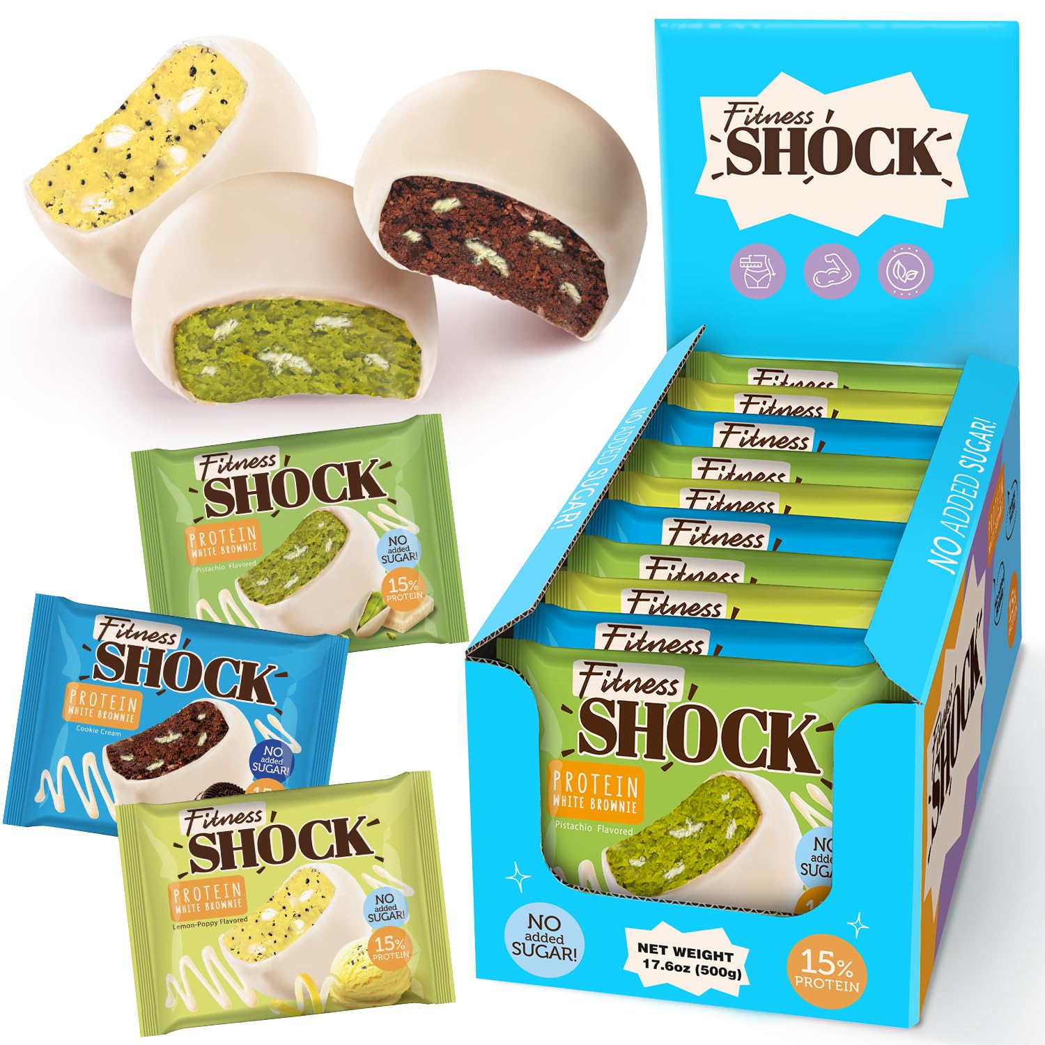 FitnesSHOCK brownie pistache enrobé chocolat blanc, bouchée gourmande et légère.