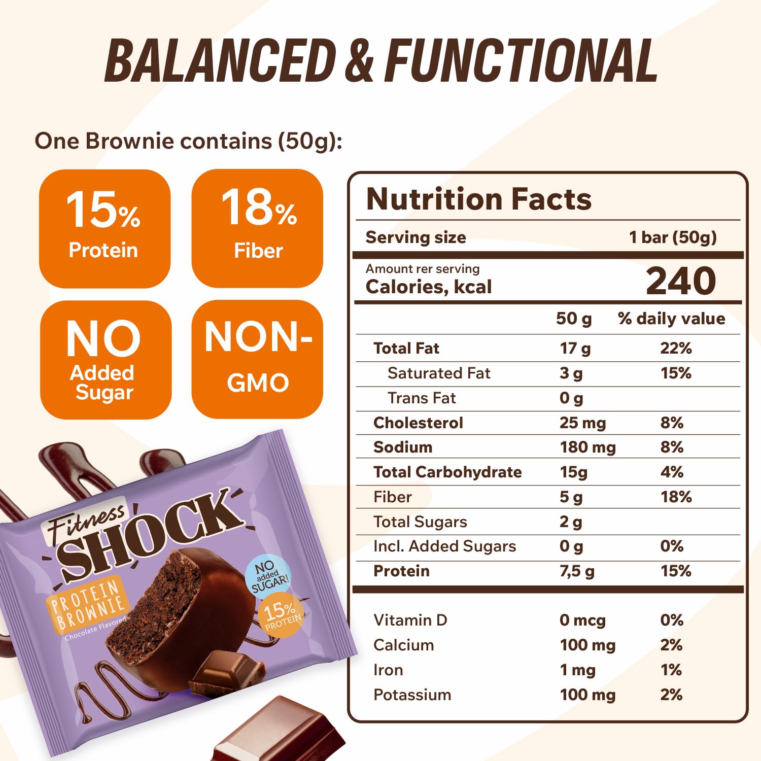 FitnesSHOCK brownie arôme cacao noir, expérience chocolatée et riche.