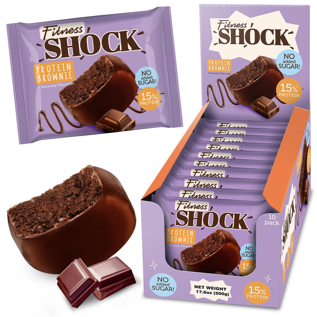 FitnesSHOCK brownies emballage 10 barres, pratique et portionné pour maison ou bureau.
