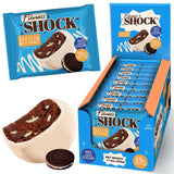 FitnesSHOCK brownie protéine cookie crème emballage visible, collation pratique et équilibrée.