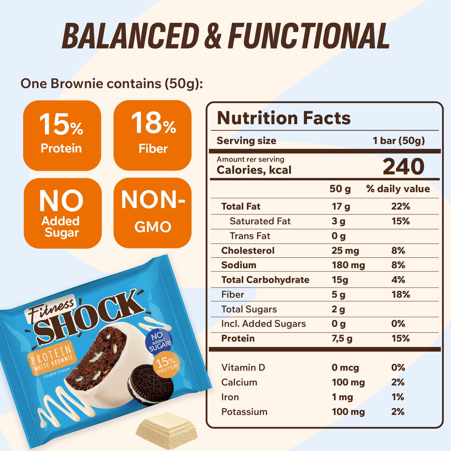 Barre enrobage chocolat blanc FitnesSHOCK brownie cookie crème, dessert léger.