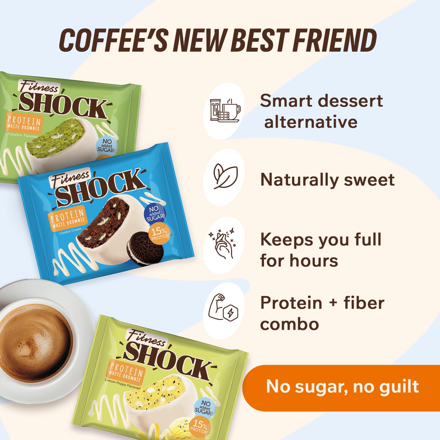 Pause café idéale avec le brownie FitnesSHOCK, gourmand et pratique.