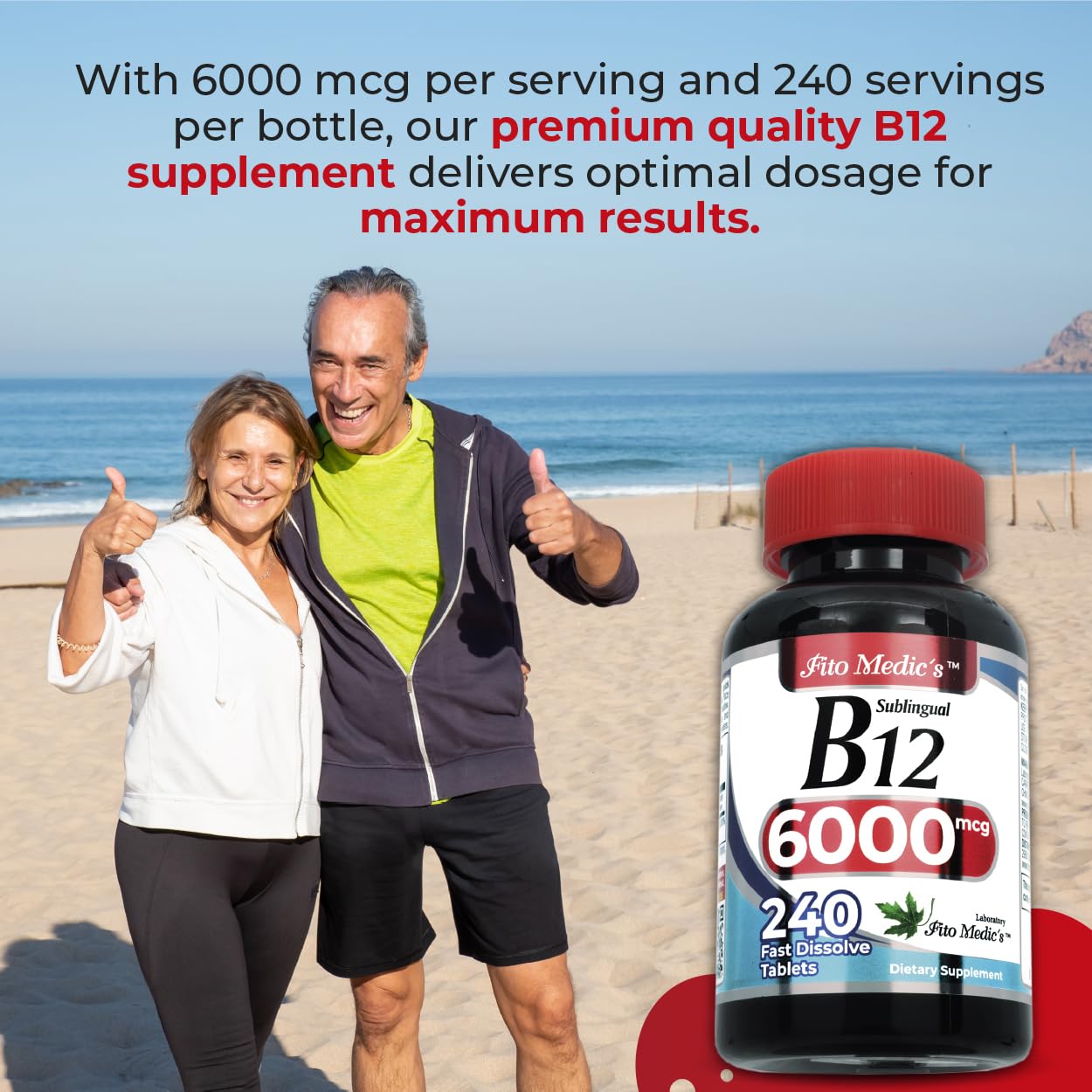 Étiquette B12 6000 mcg sur l'emballage, informations claires.