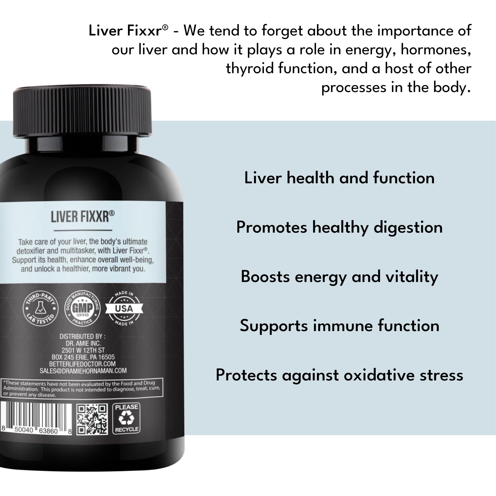 Fixxr Liver: emballage fabriqué aux États-Unis avec contrôles de qualité.