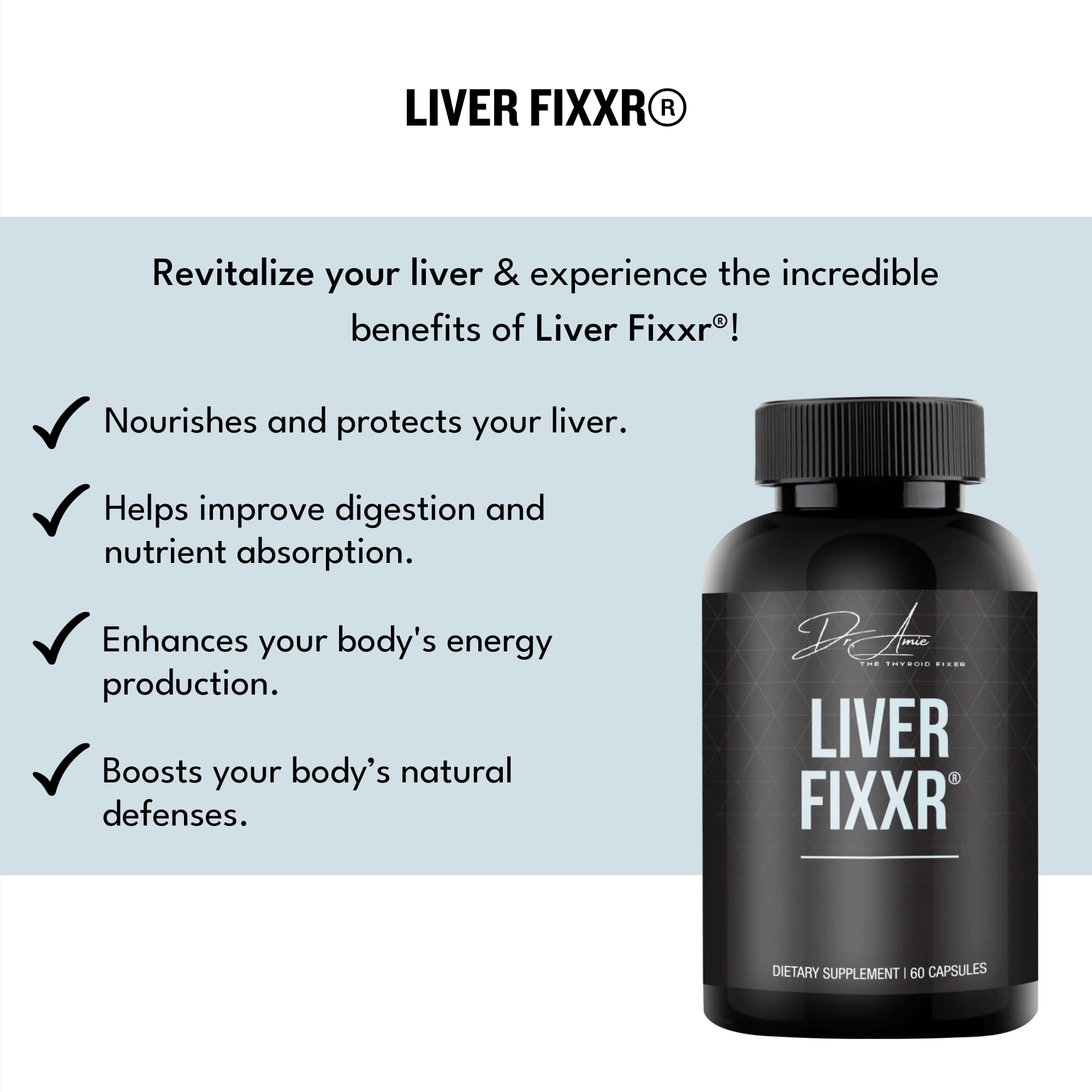 Fixxr Liver: étiquette-produit claire affichant la formule sans additifs artificiels.