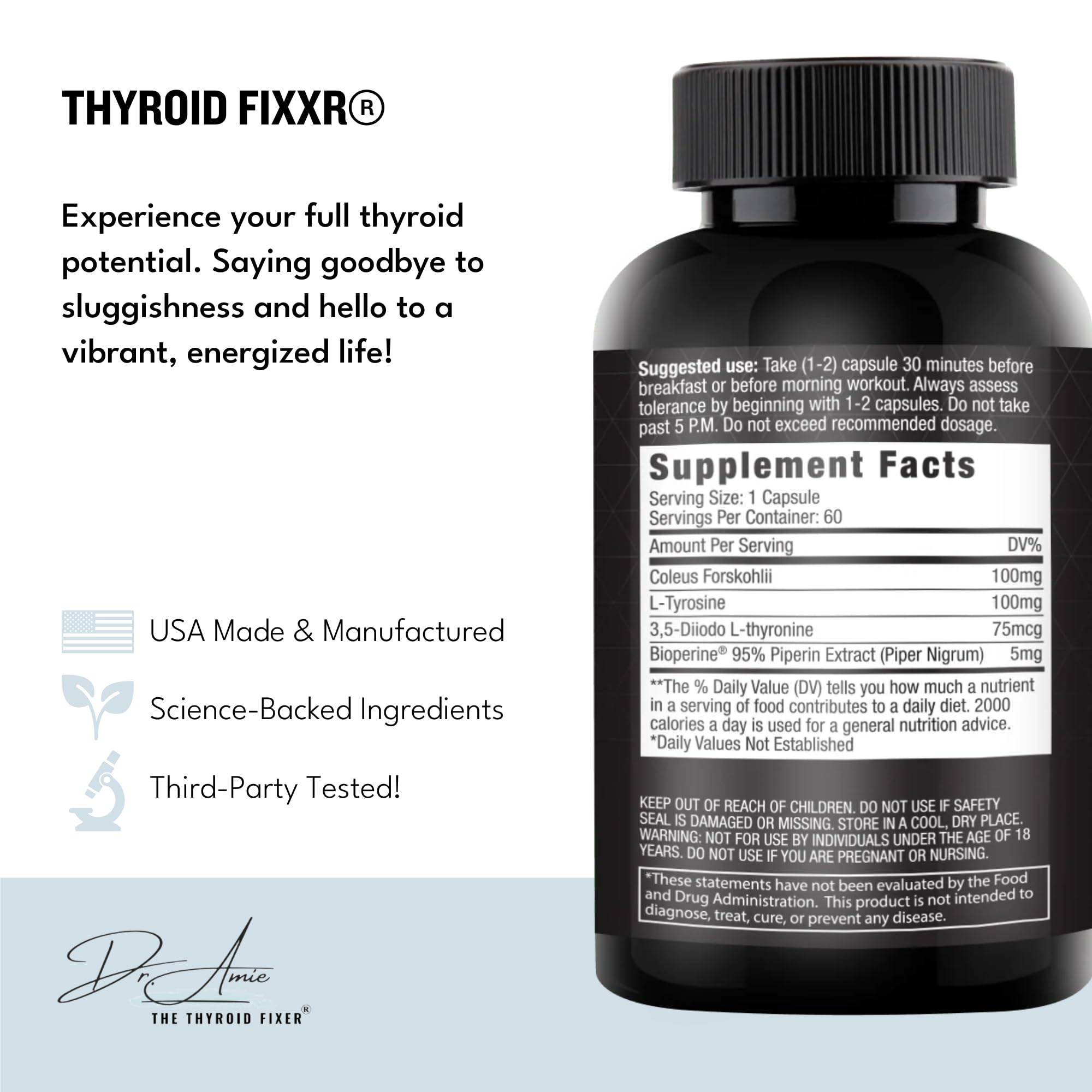 Fixxr Thyroid Support – Étiquette produit affichant une formule propre et bénéfices énergétiques attendus.