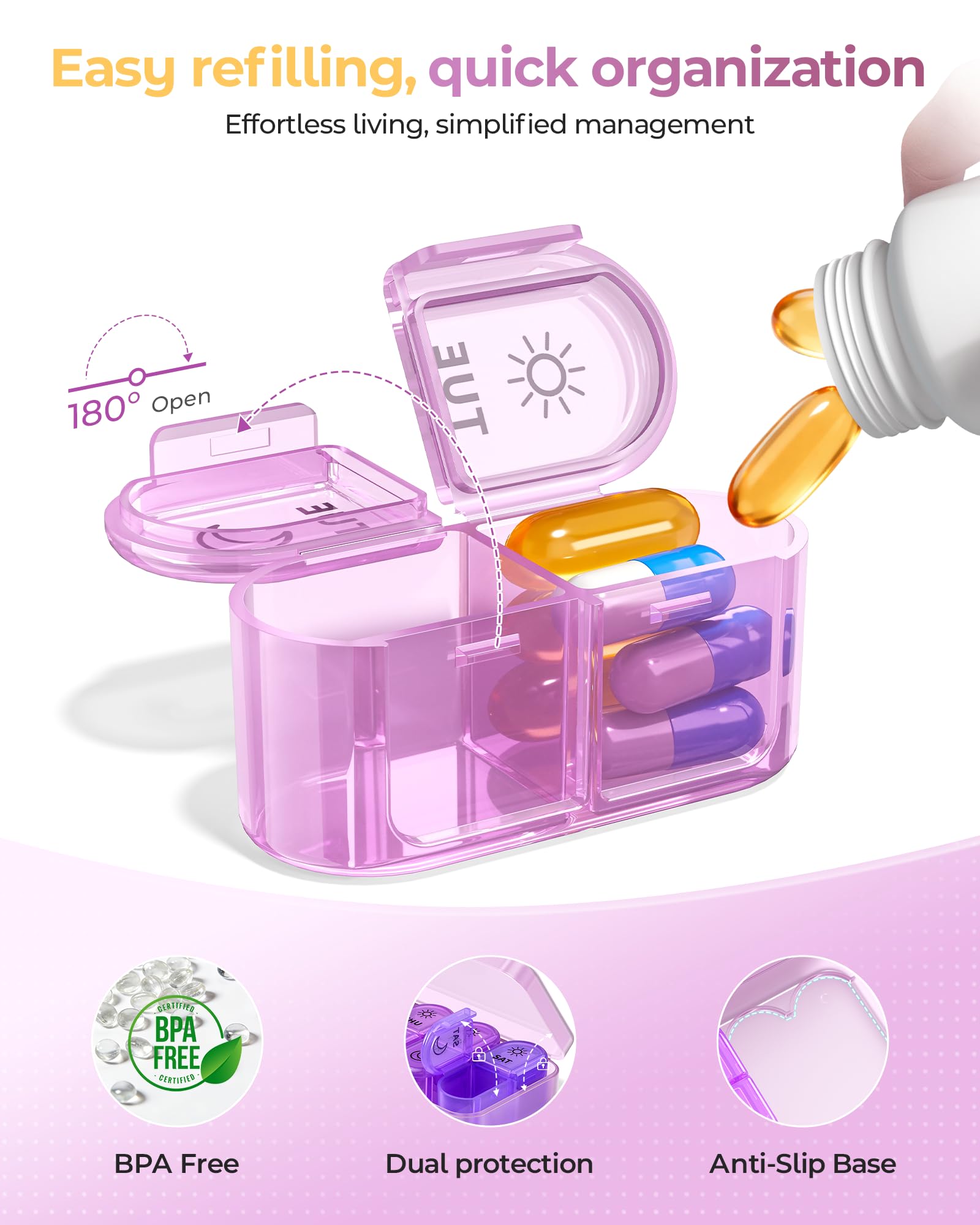 Fizoon Grands compartiments pour vitamines et huiles.