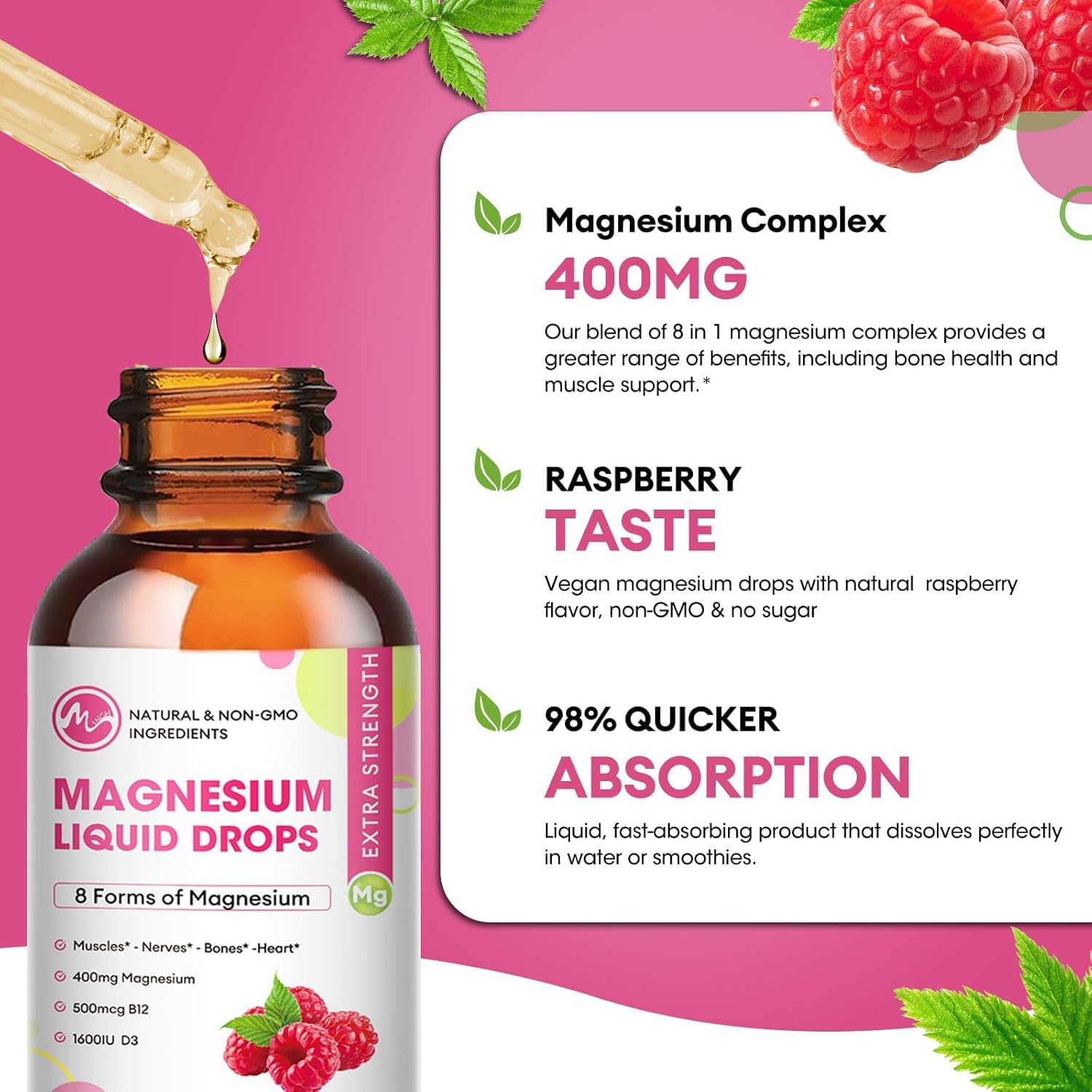 Flacon M inch magnésium 30 ml avec étiquette lisible pour dosage facile.