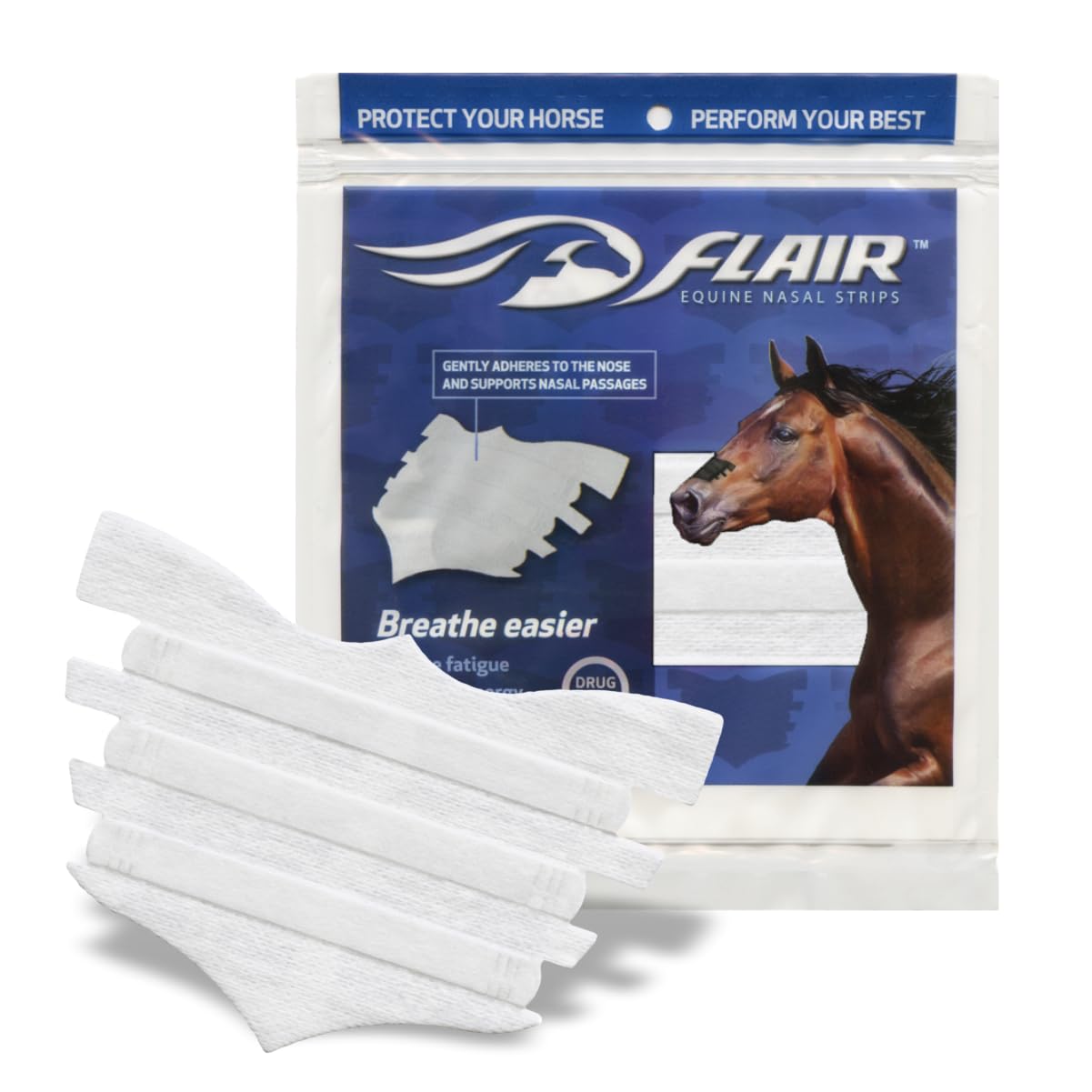 FLAIR Bandes nasales équines—application rapide sur le nez pour un soutien discret.