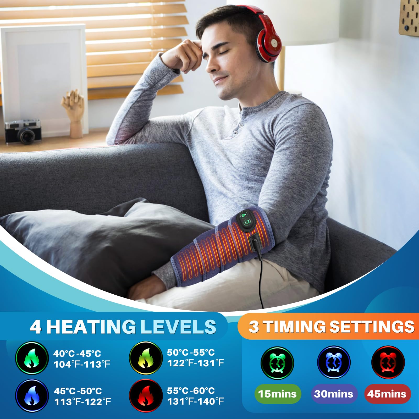FlareMore compresse chauffante pour le bras, chaleur adaptable et réconfort rapide.