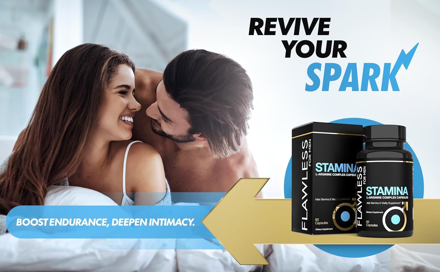 Flawless pour hommes Stamina – emballage principal, informations claires sur les ingrédients et l'utilisation.