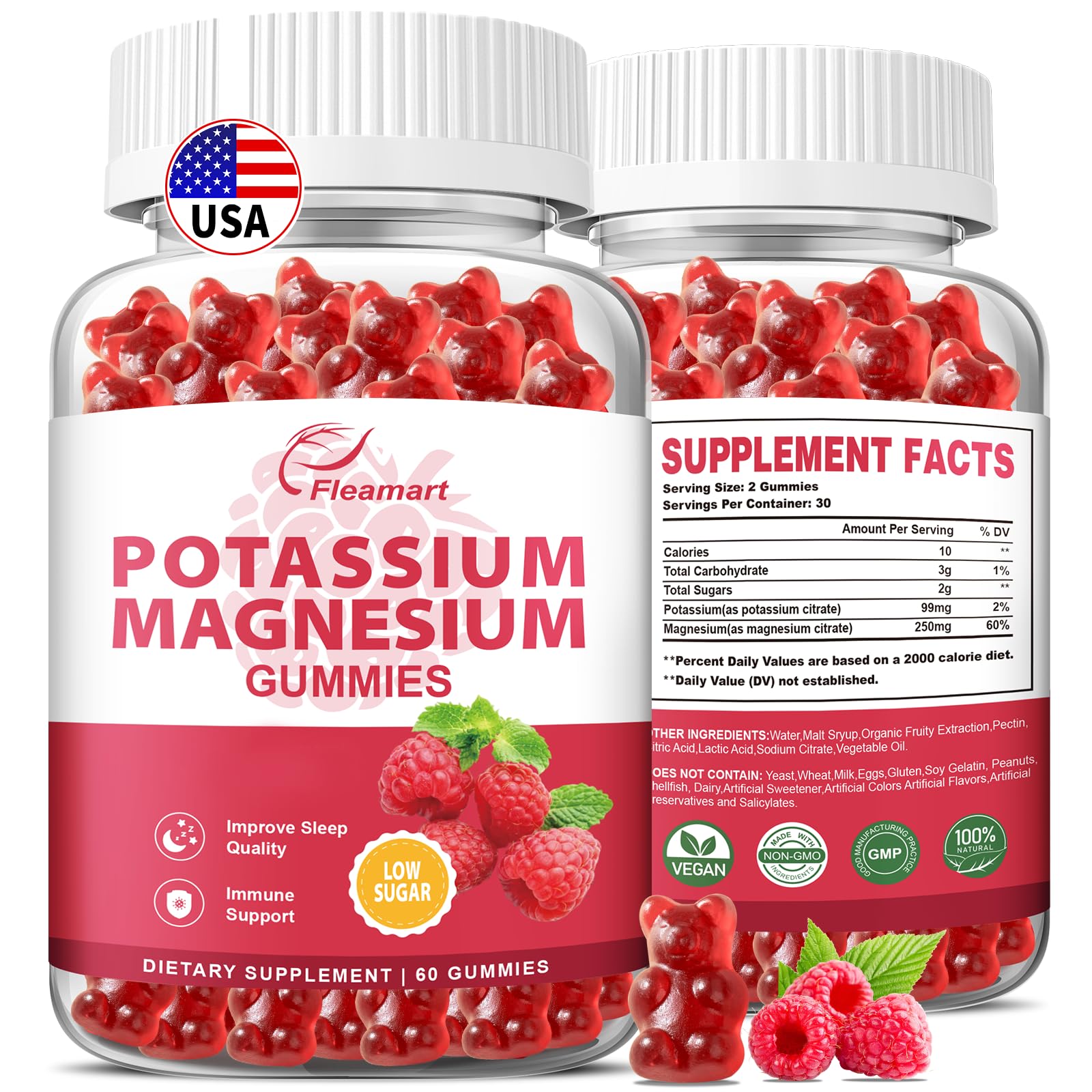 Gommes Fleamart Potassium Magnésium framboise dans la bouteille, soutien potentiel au bien-être.