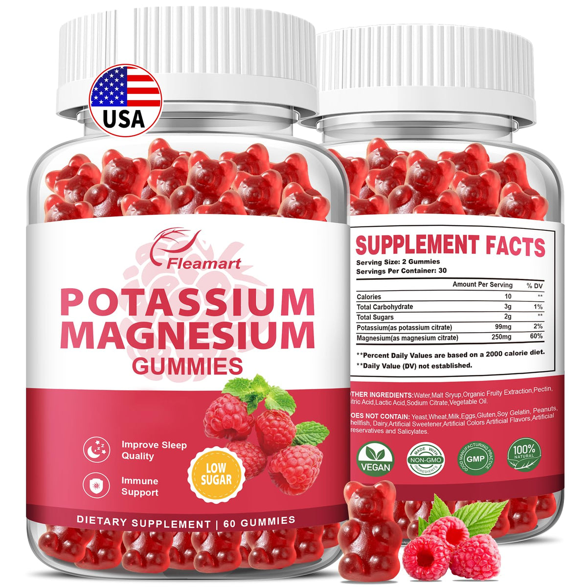 Gommes Fleamart Potassium Magnésium framboise dans la bouteille, soutien potentiel au bien-être.