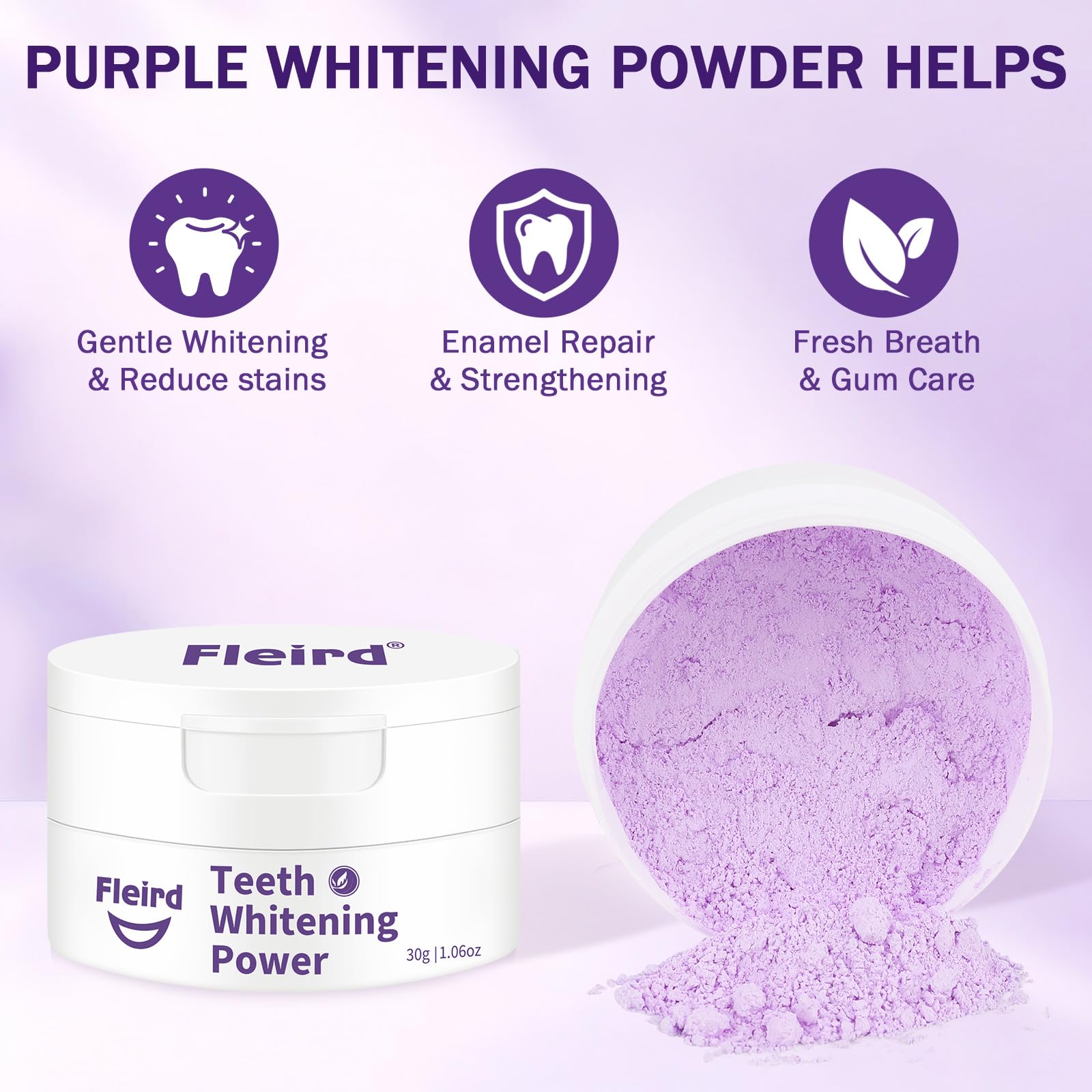 Focus violet Fleird Poudre blanchiment dents: teinte violette neutralisante des nuances jaunes