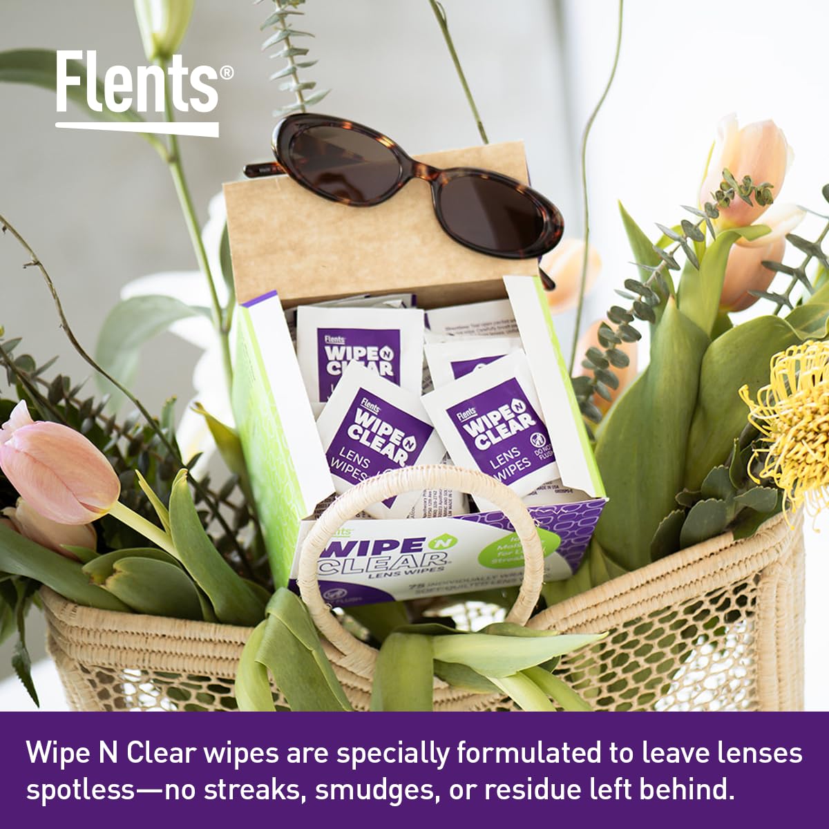 Lingettes Flents pour lunettes, nettoyage rapide sans traces et clarté.