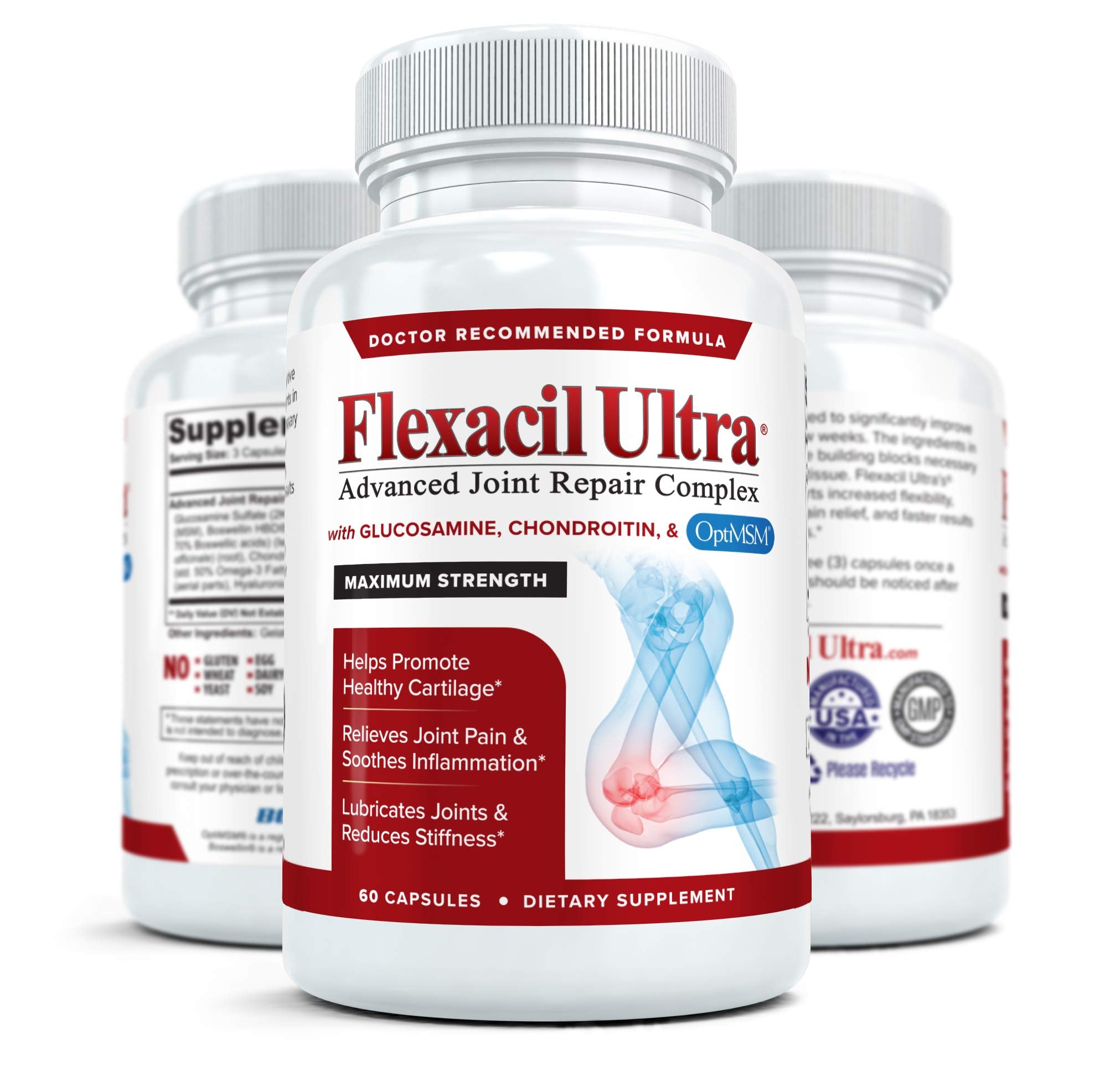 Flexacil Ultra étiquette sans gluten, sans colorants artificiels et sans allergènes.