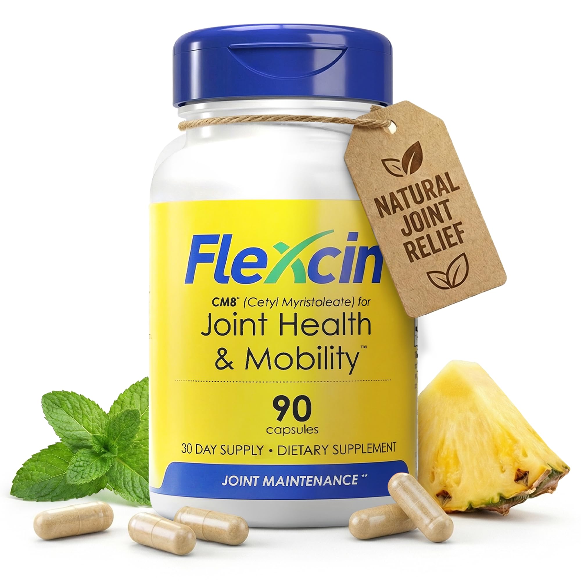 Flexcin, bouteille de 90 capsules, soutien articulaire quotidien possible.