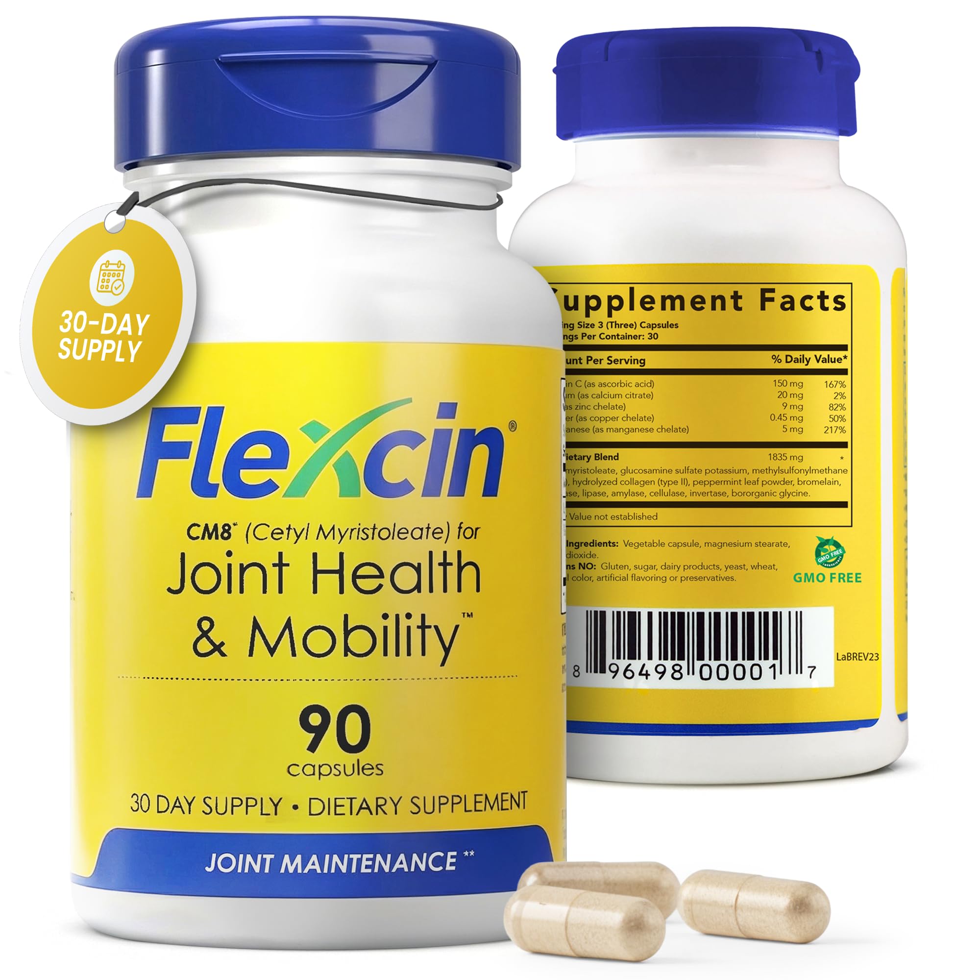 Capsules végétales Flexcin faciles à avaler pour un usage quotidien.