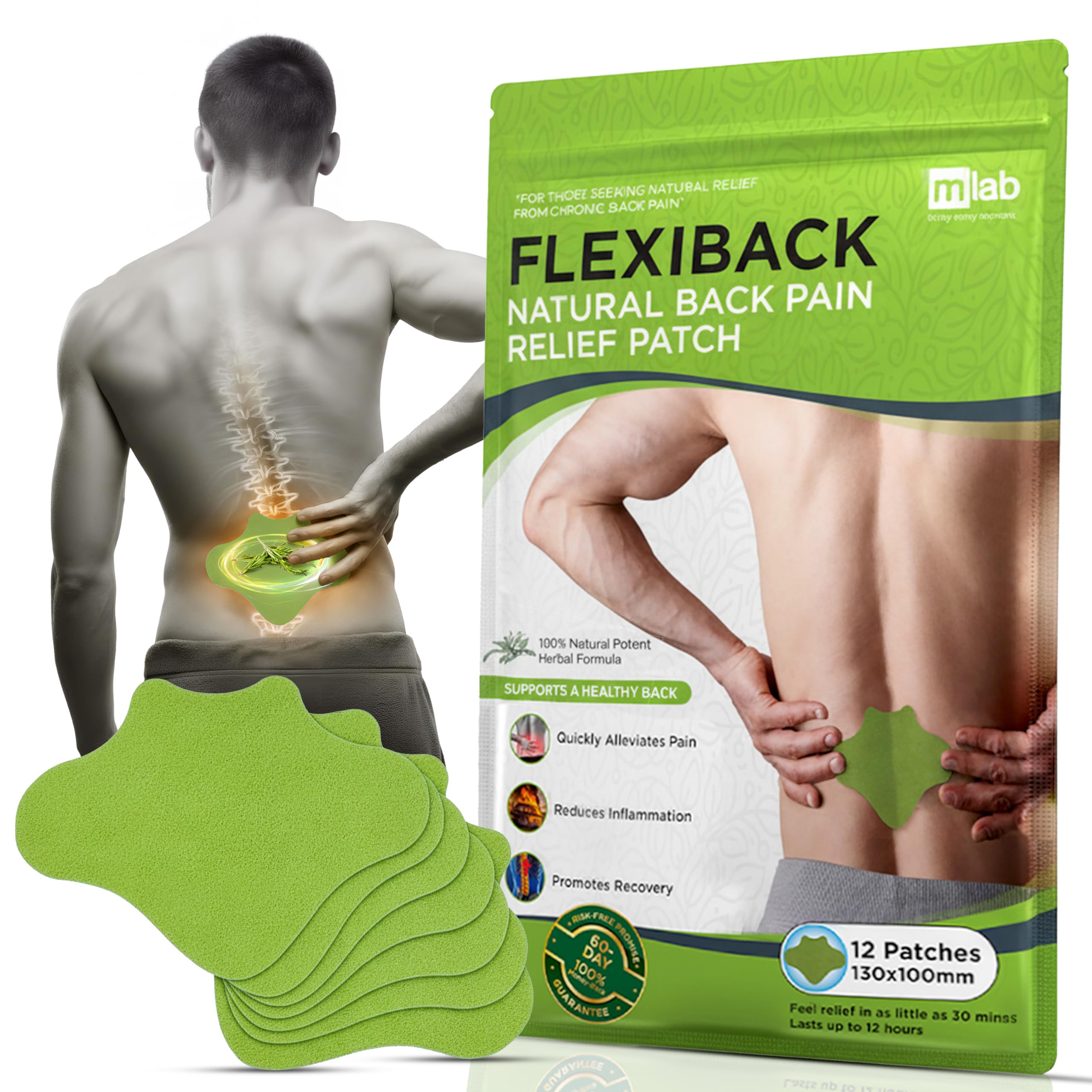 Patch FlexiBack chauffant appliqué sur le bas du dos pour confort ciblé