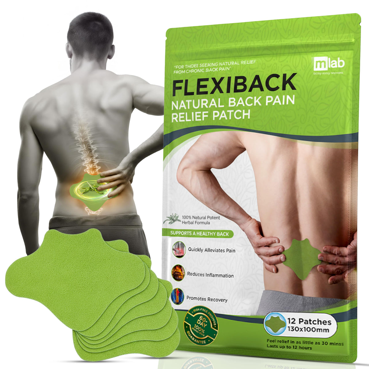 Patch FlexiBack chauffant appliqué sur le bas du dos pour confort ciblé