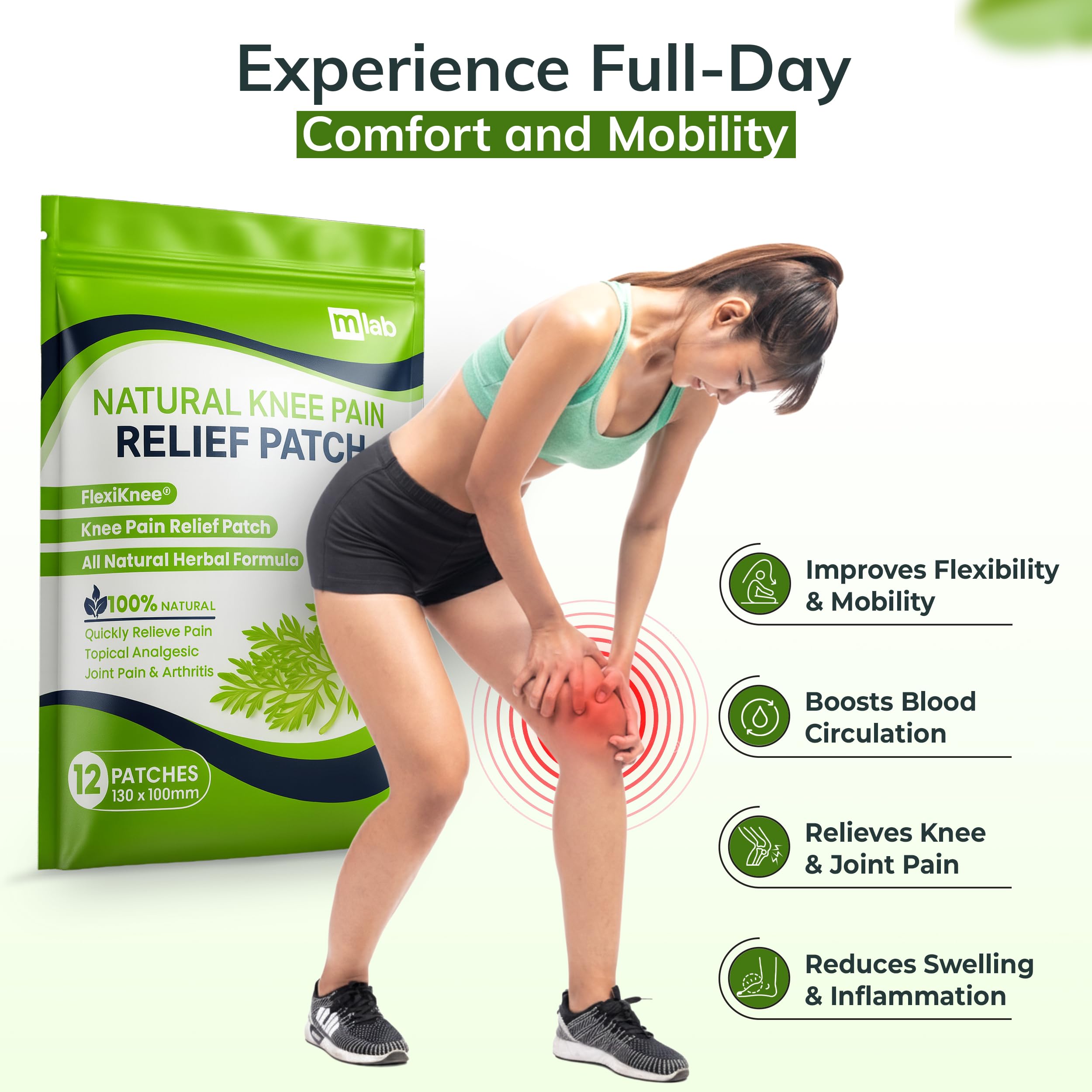 FLexiKnee Patch formule herbes 9 pour un soulagement naturel local.