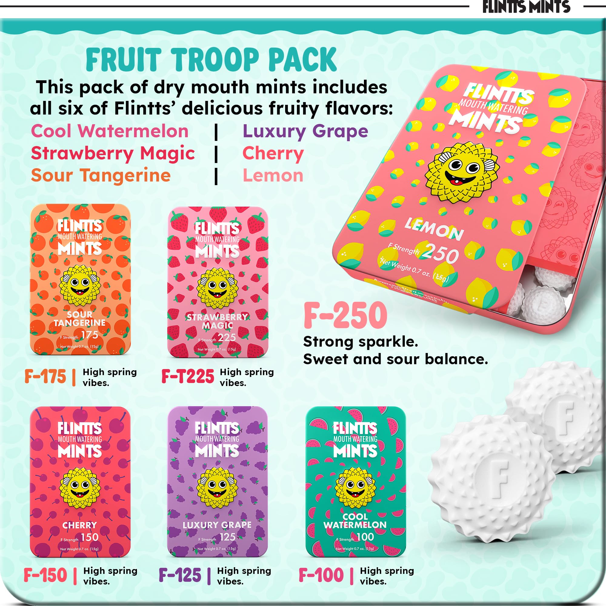 Flintts Mints Fruit Troop emballage-compact: solution discrète pour bouche sèche au travail.