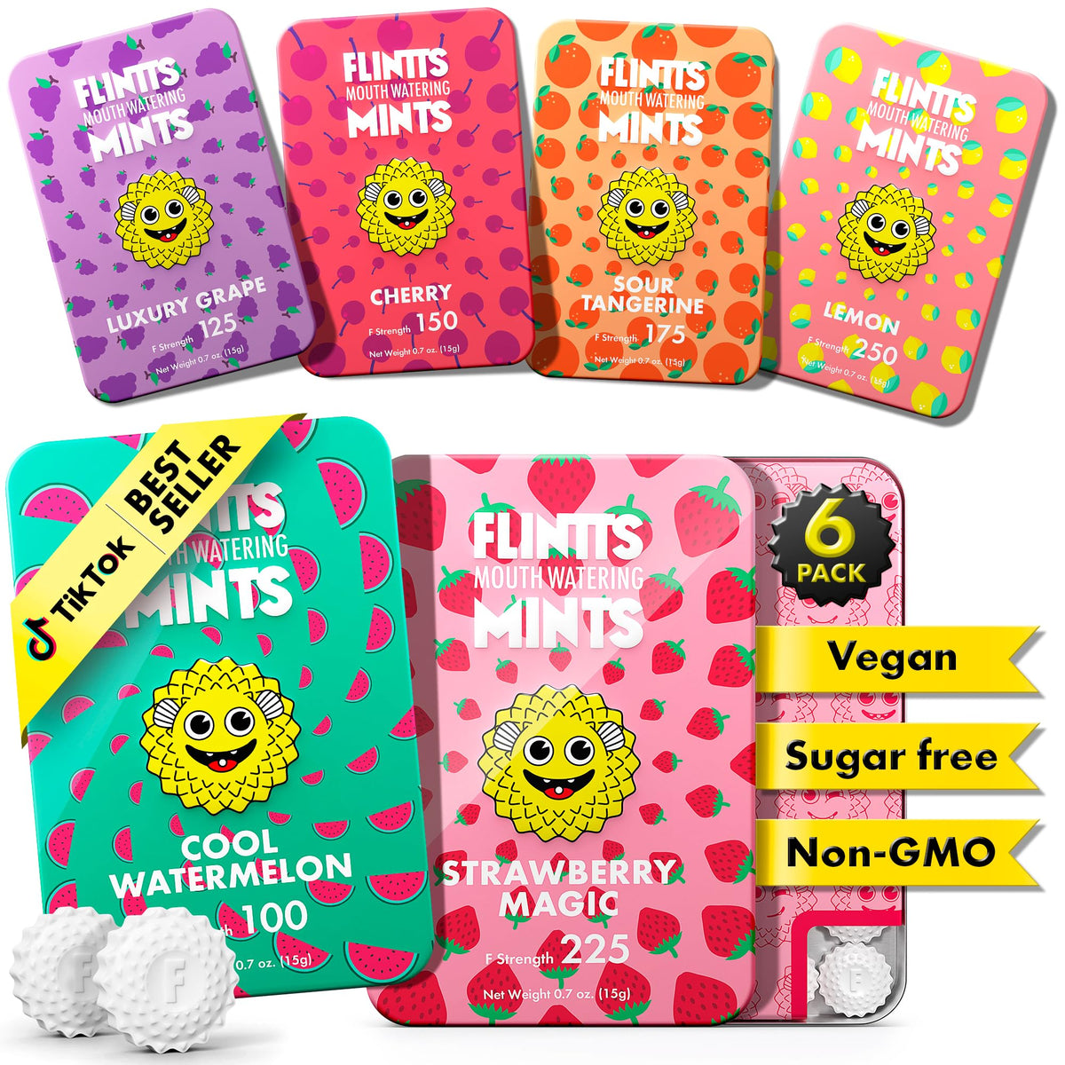 Flintts Mints Fruit Troop pack-shot: fraîcheur instantanée et hydratation buccale.
