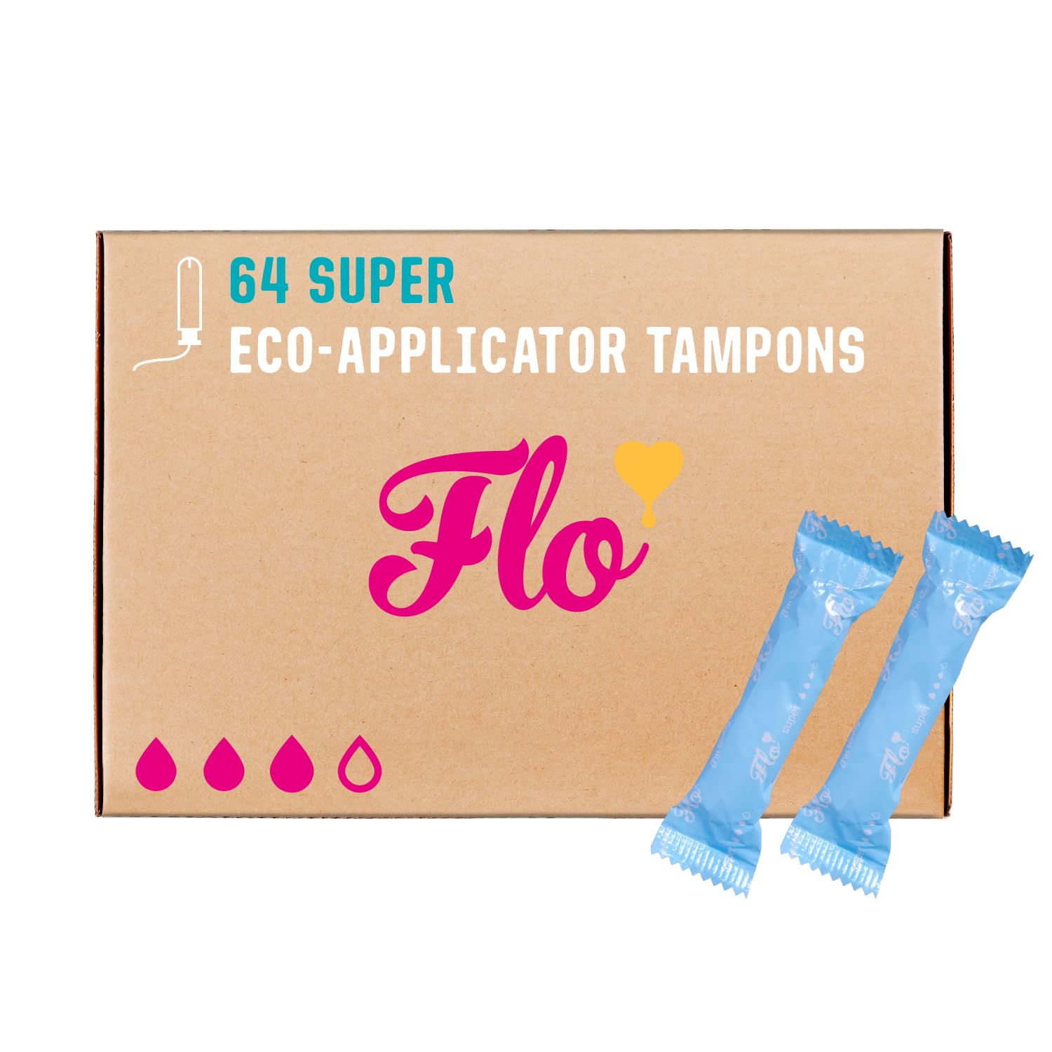 Tampons FLO super – boîte de 64, protection fiable sans fibres synthétiques.