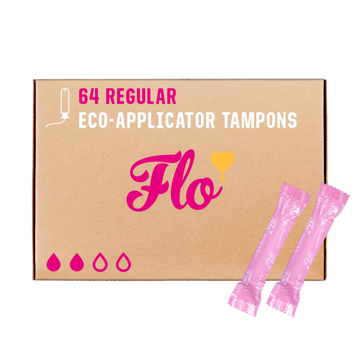 Tampons FLO en coton biologique, pack de 64, pour une protection fiable en déplacement.