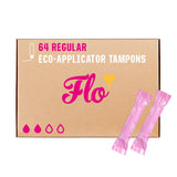 Tampons FLO en coton biologique, pack de 64, pour une protection fiable en déplacement.
