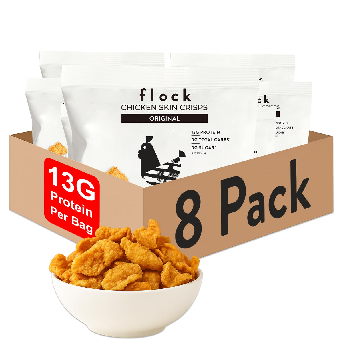Flock Keto Chips peau de poulet original, croquant et riche en protéines pour collation.