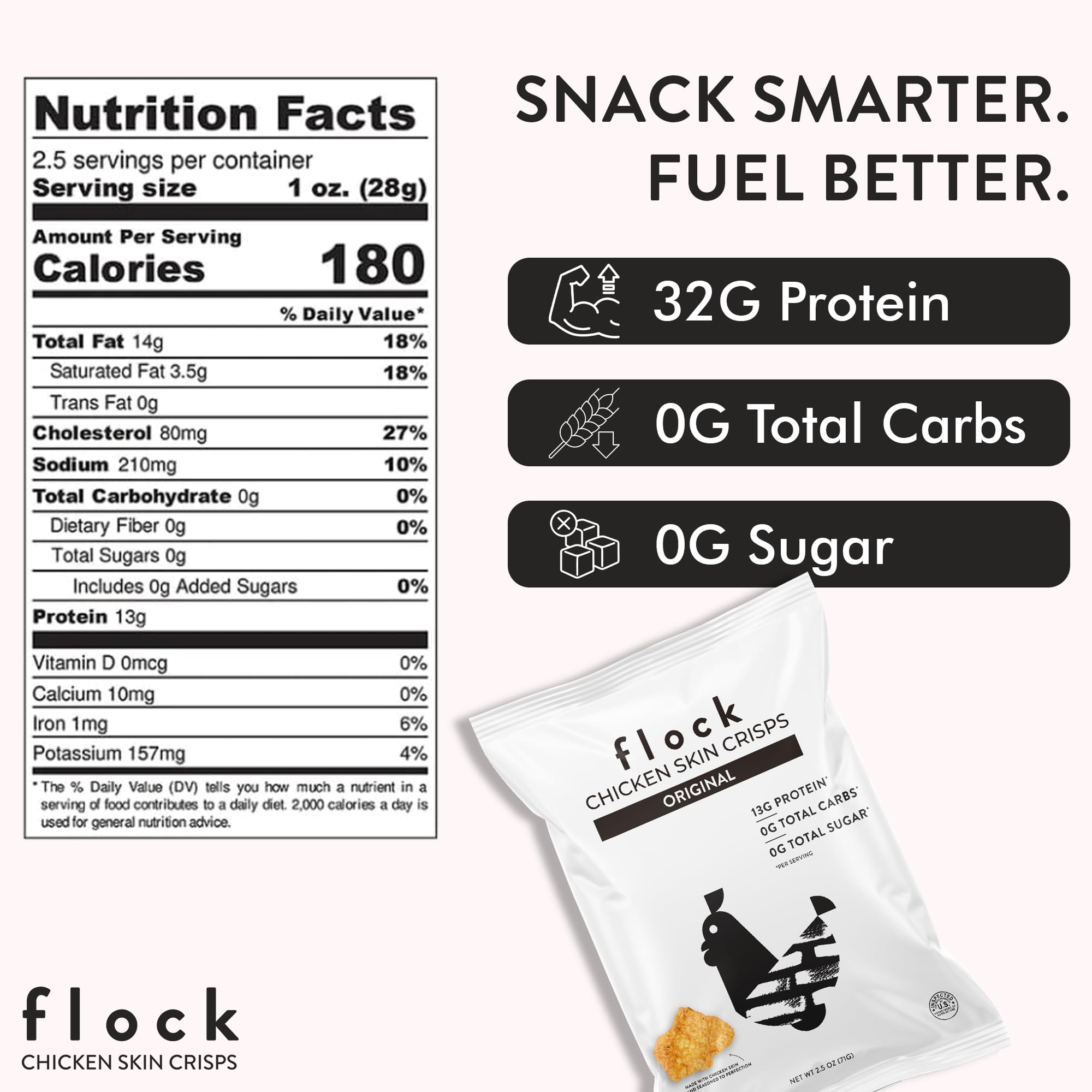 Flock Keto Chips peau de poulet, 13 g de protéines et zéro glucides pour le régime keto.