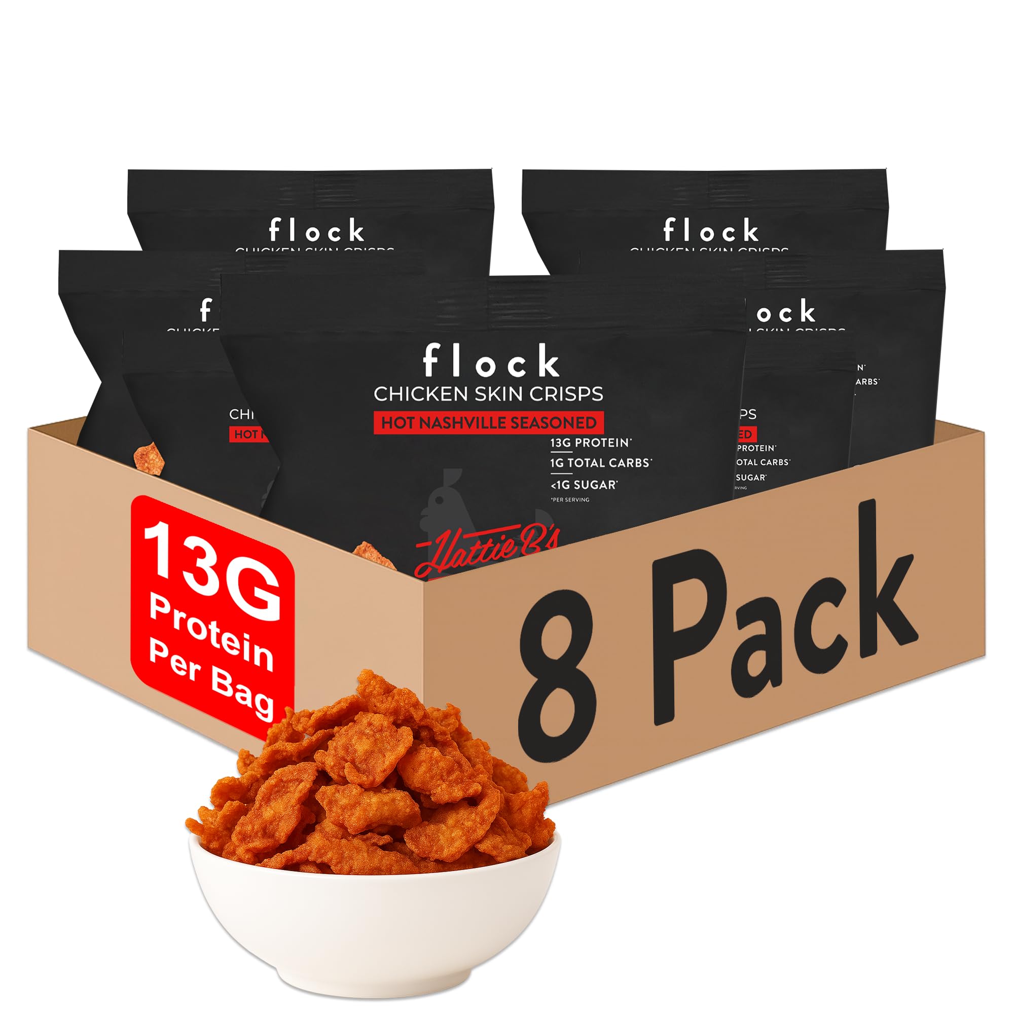 Chips Flock céto peau de poulet Nashville Hot, emballage pratique pour collation rapide.
