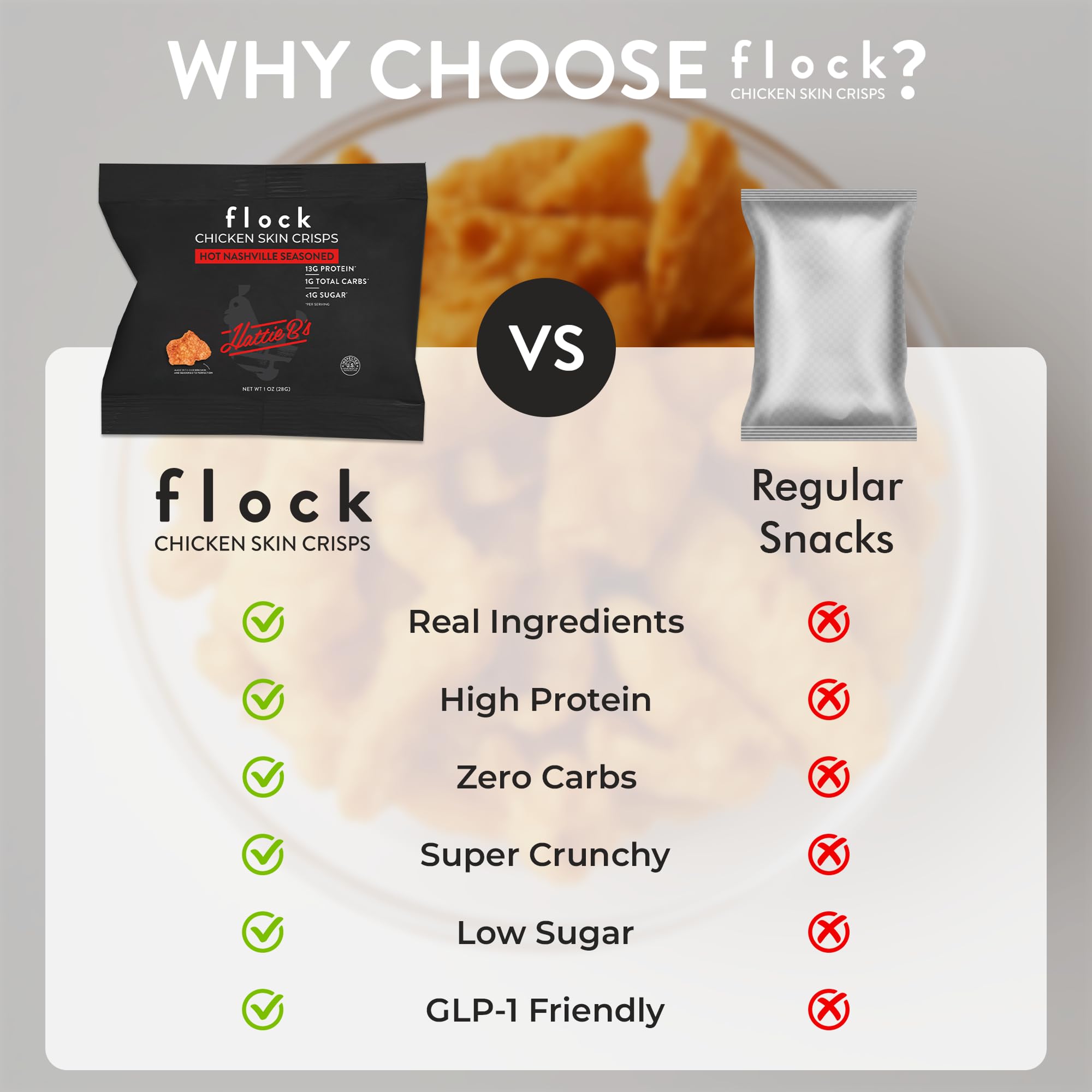 Chips croustillants sans gluten, peau de poulet céto Flock pour une collation légère.
