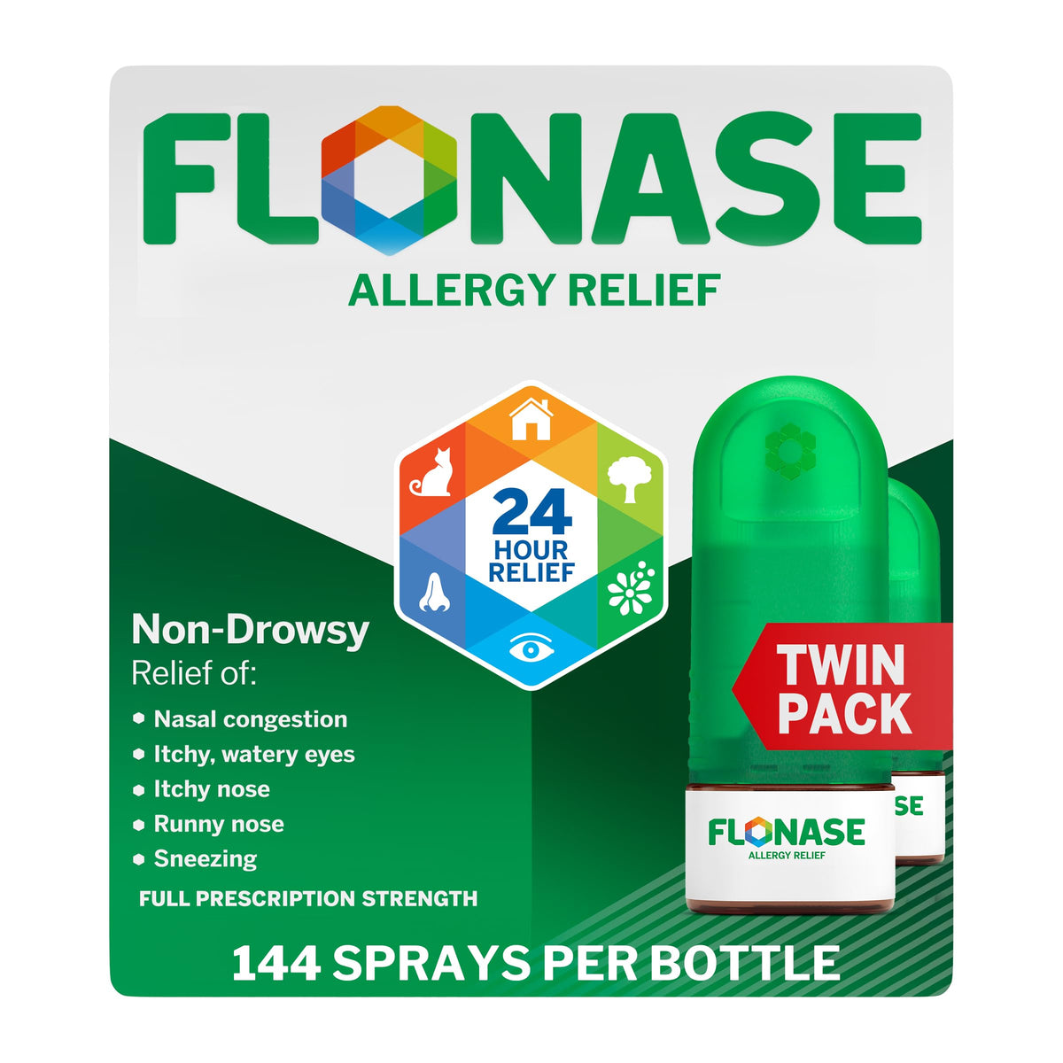 Flonase Relief Allergie: deux bouteilles prêtes à l'emploi pour un soulagement potentiel des allergies.