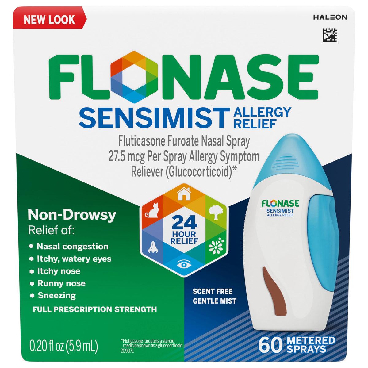 Flonase Sensimist, bouteille-pompe montrant un spray précis pour soulager les allergies.
