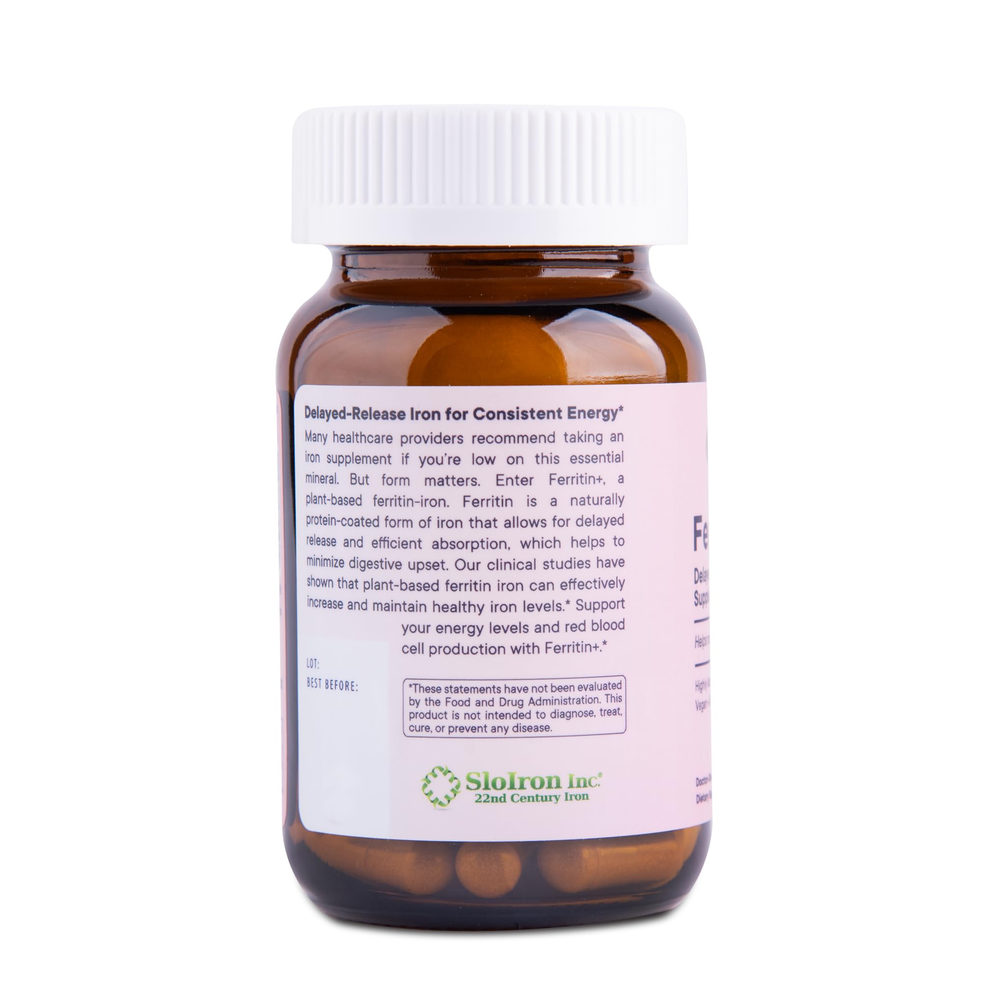 Bouteille ambrée Flora Ferritin+ protégeant la formulation et la fraîcheur